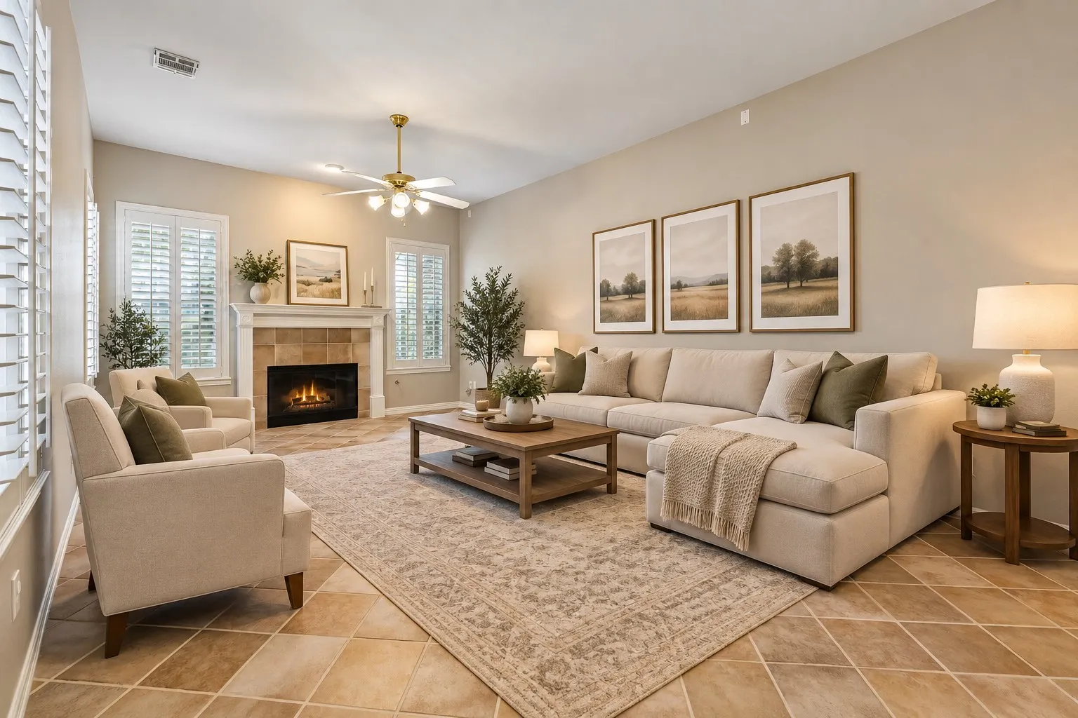 Relaxing living room with center fireplace and backyard views - Digitally Staged