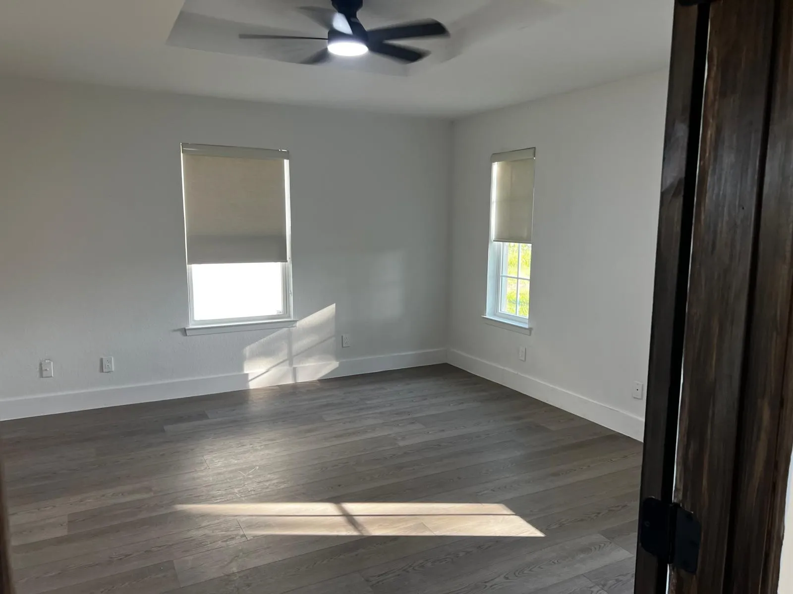 Recessed ceiling with a modern ceiling fan, two windows with roller shades, and wood-finish flooring