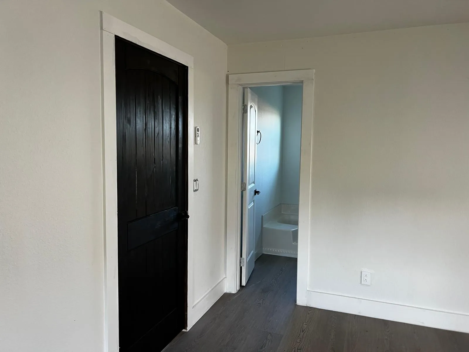 Wood-finish flooring with white wall trim, contrasting dark-paneled door, and light-toned walls