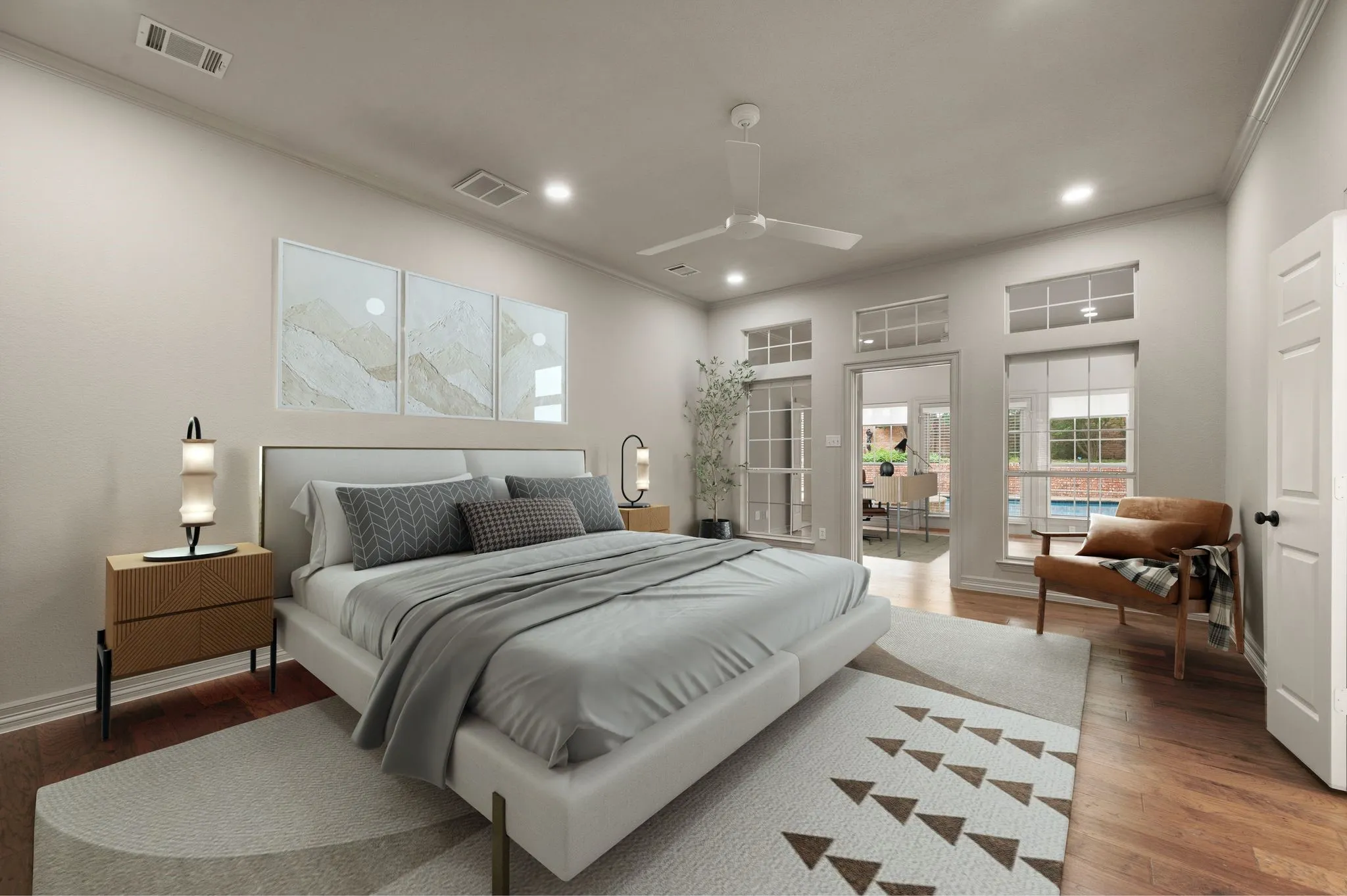 Bedroom featuring crown molding, recessed lighting, wood finished floors, and visible vents