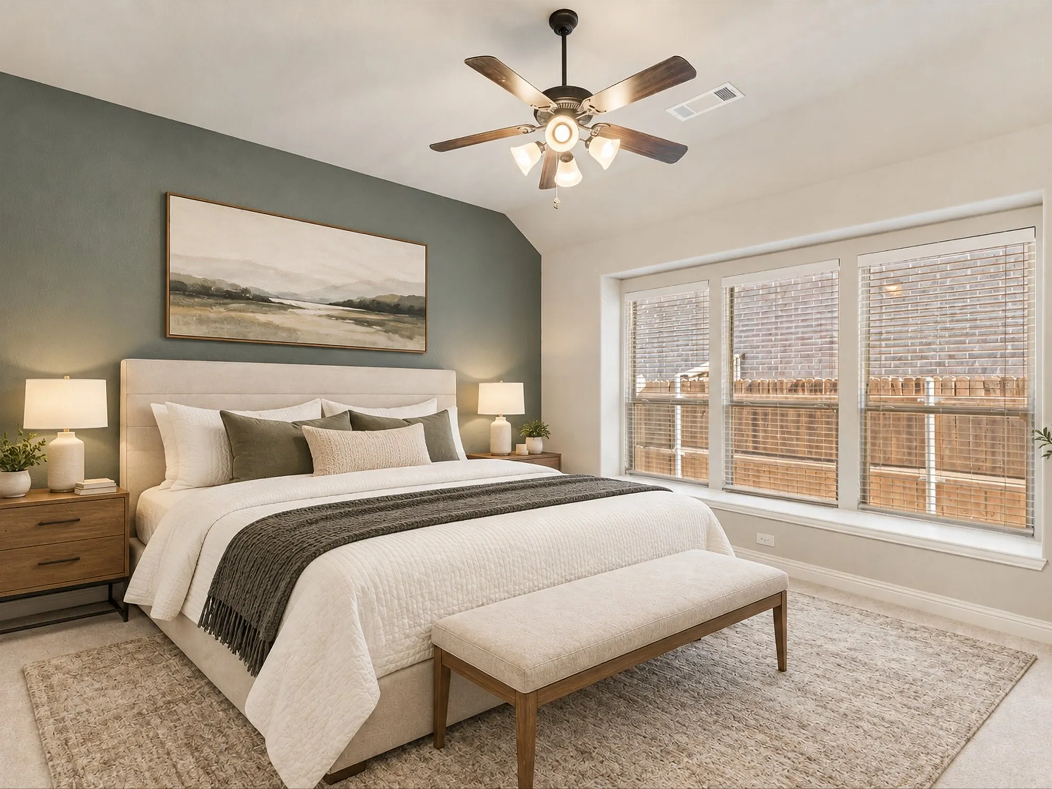 Recessed ceiling with an angled wall accent, three large windows, a ceiling fan with integrated lighting, and carpet flooring