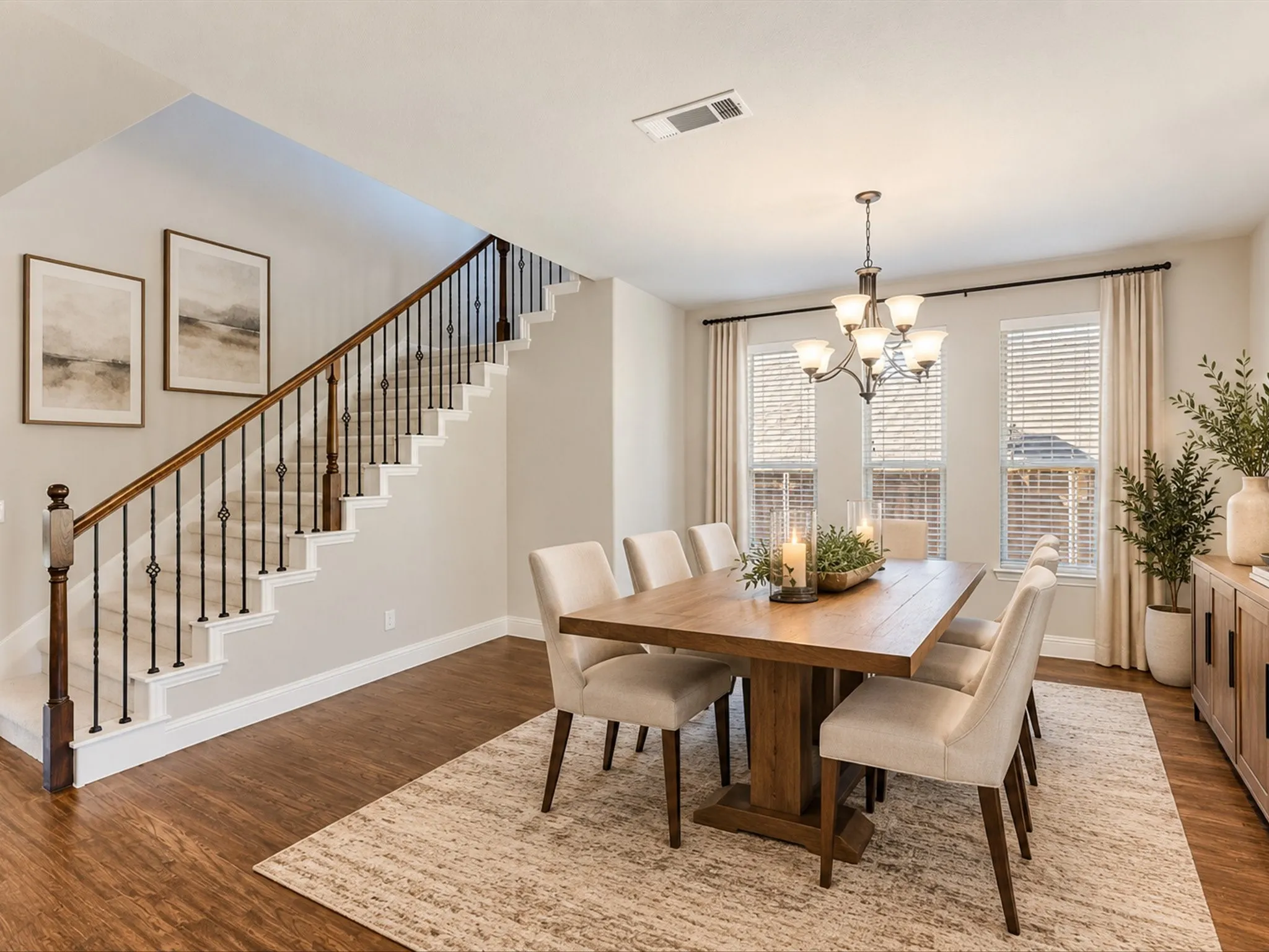 Hardwood-style flooring throughout, staircase with wood handrail and wrought iron spindles, recessed lighting, and chandelier