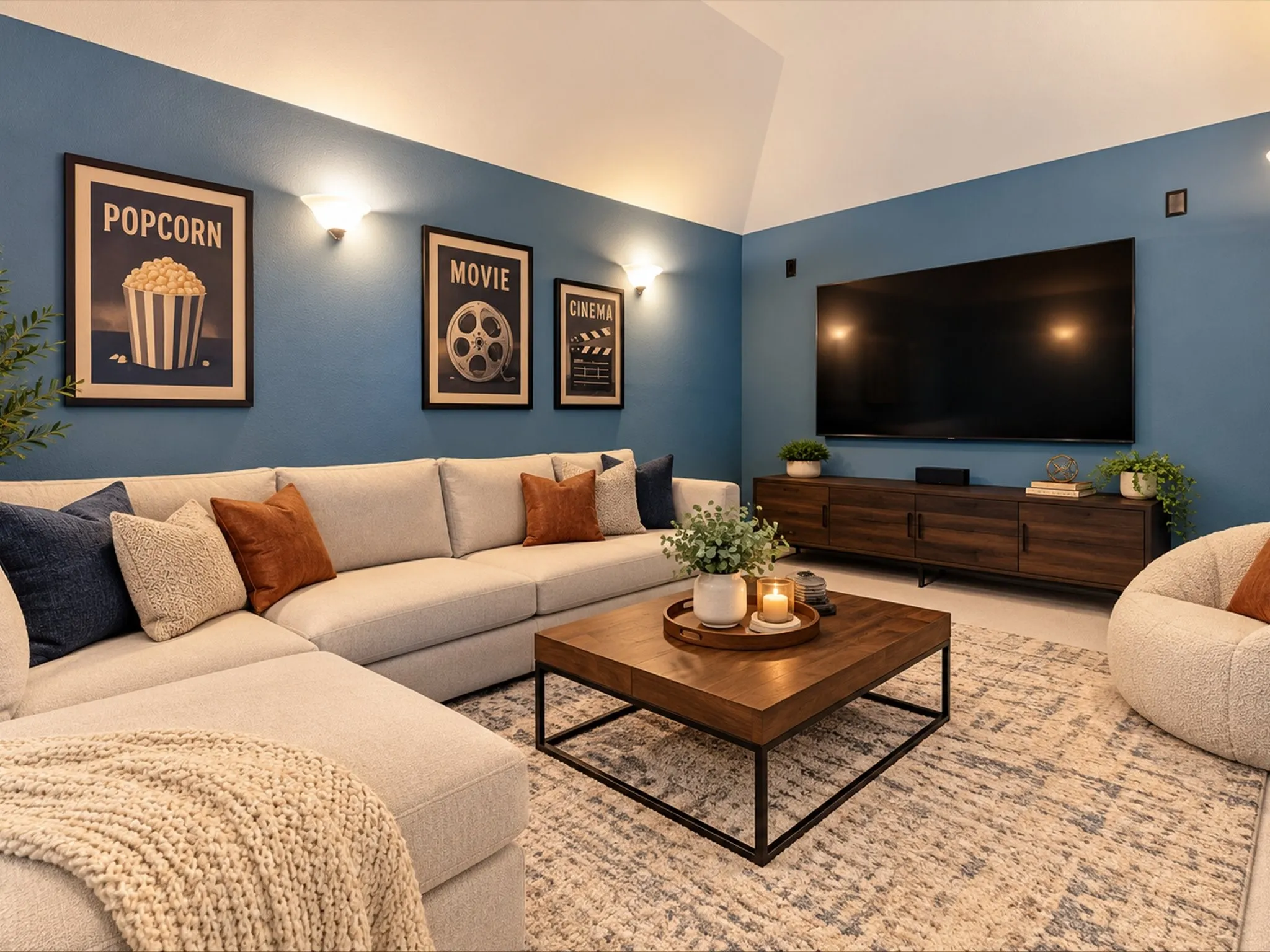 Vaulted ceiling, built-in media console, wall-mounted sconces, wood-finish coffee table, and wood-finish flooring