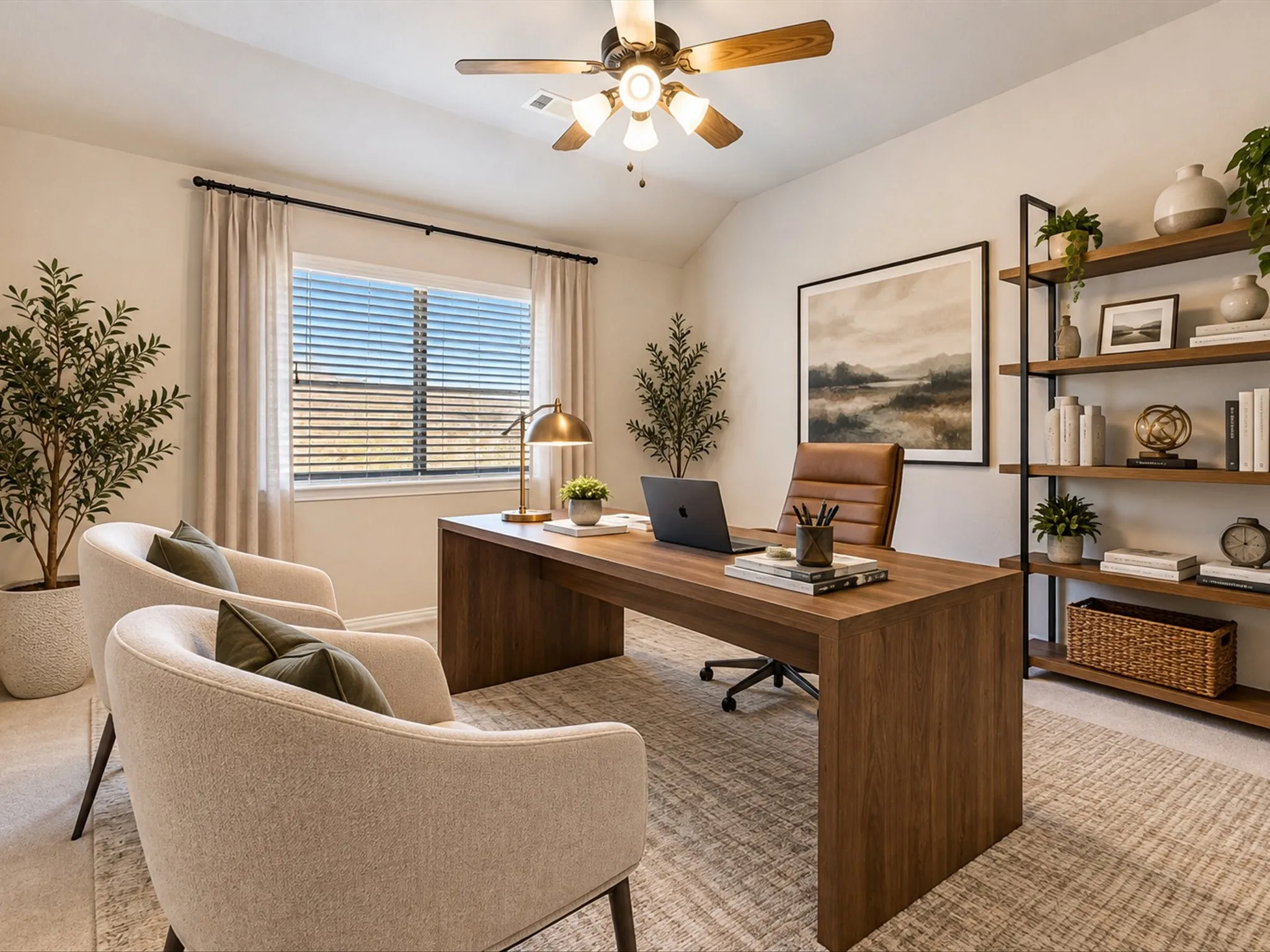Spacious room featuring a vaulted ceiling with a ceiling fan, a window with blinds and drapes, and wall-to-wall carpeting