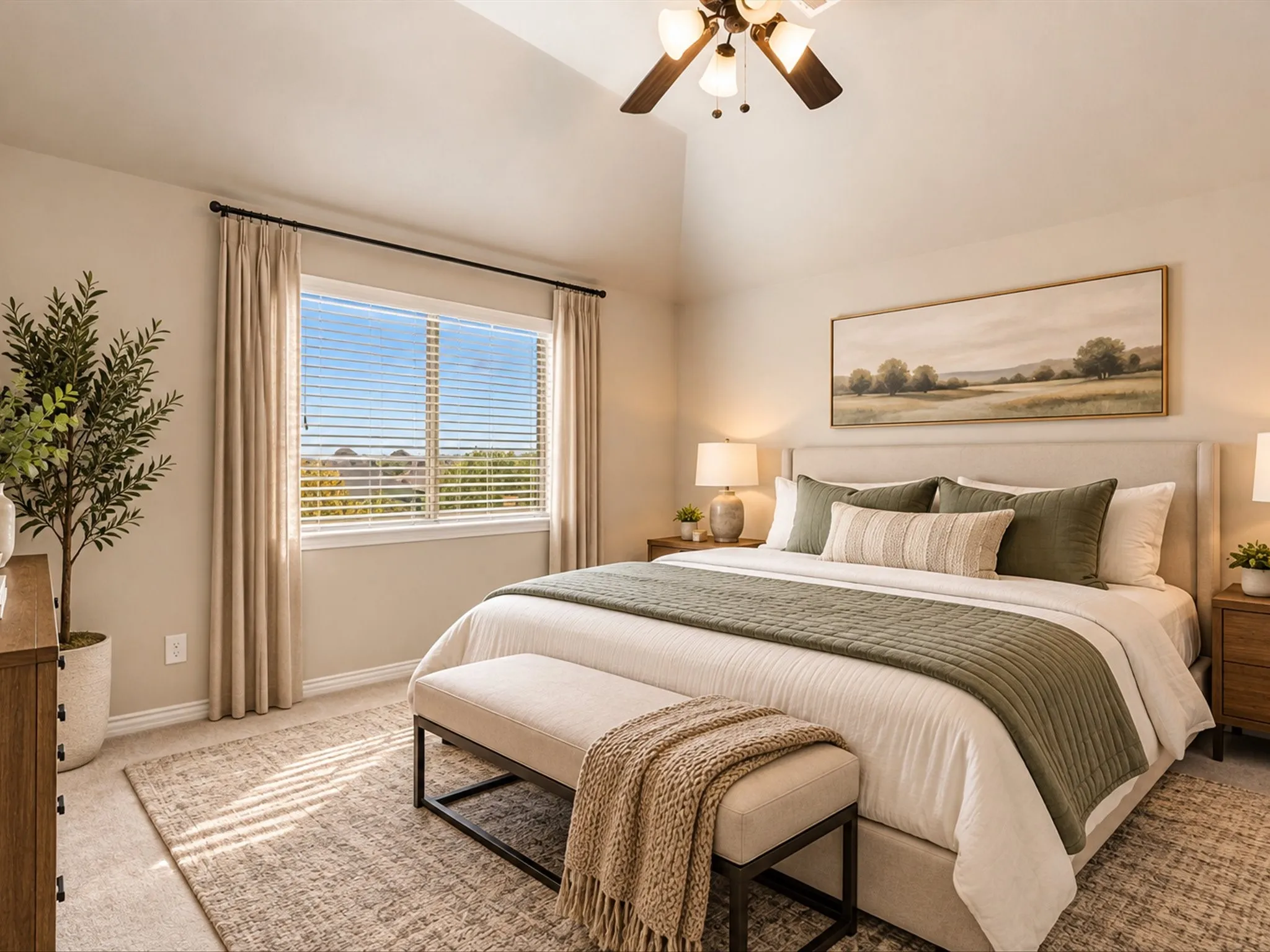 Vaulted ceiling with a ceiling fan, large window with blinds, neutral wall paint, light-toned carpeting, and a built-in light fixture