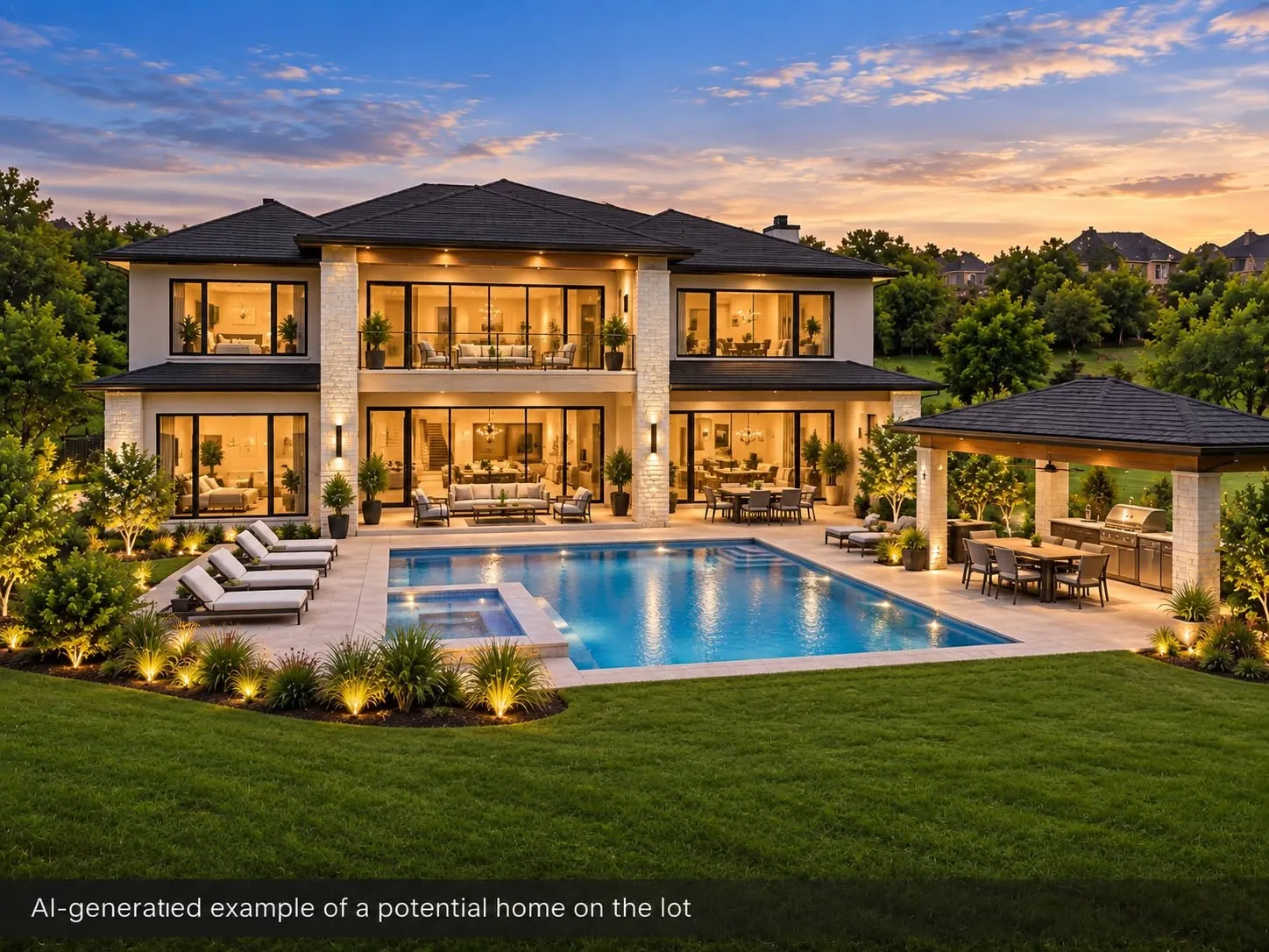 Expansive exterior featuring a multi-level structure with multiple balconies, a built-in swimming pool and integrated spa, a dedicated outdoor kitchen and dining area under a covered structure, and an illuminated landscaped lawn