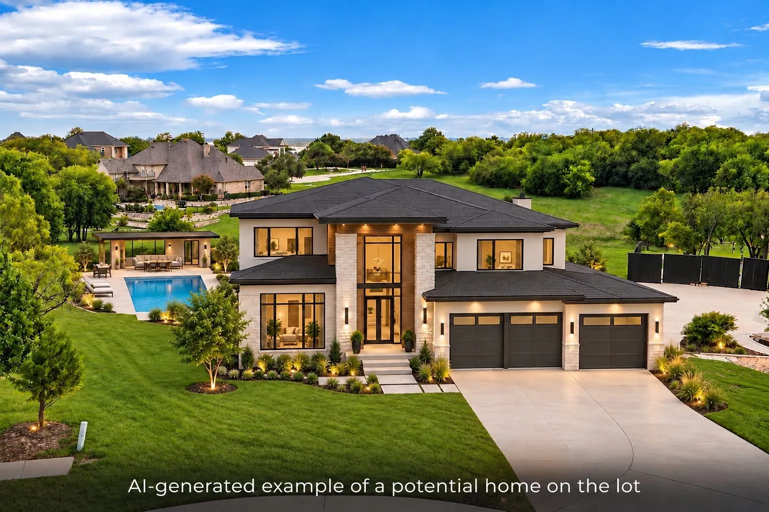 Modern architecture with a multi-car garage, expansive driveway, and manicured landscaping