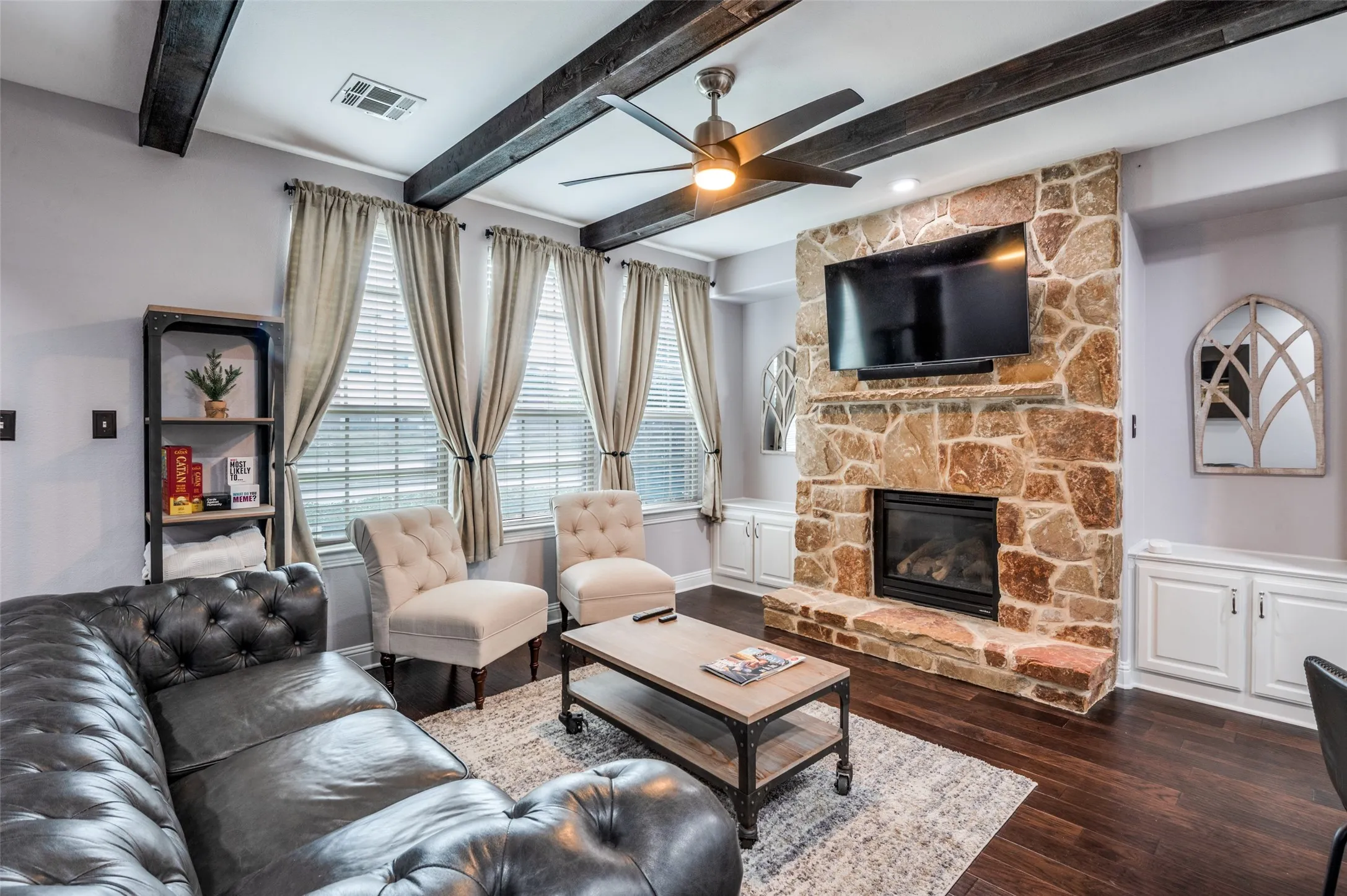 Custom Ceiling Cedar Wood Beams Throughout First Floor Living and into Kitchen