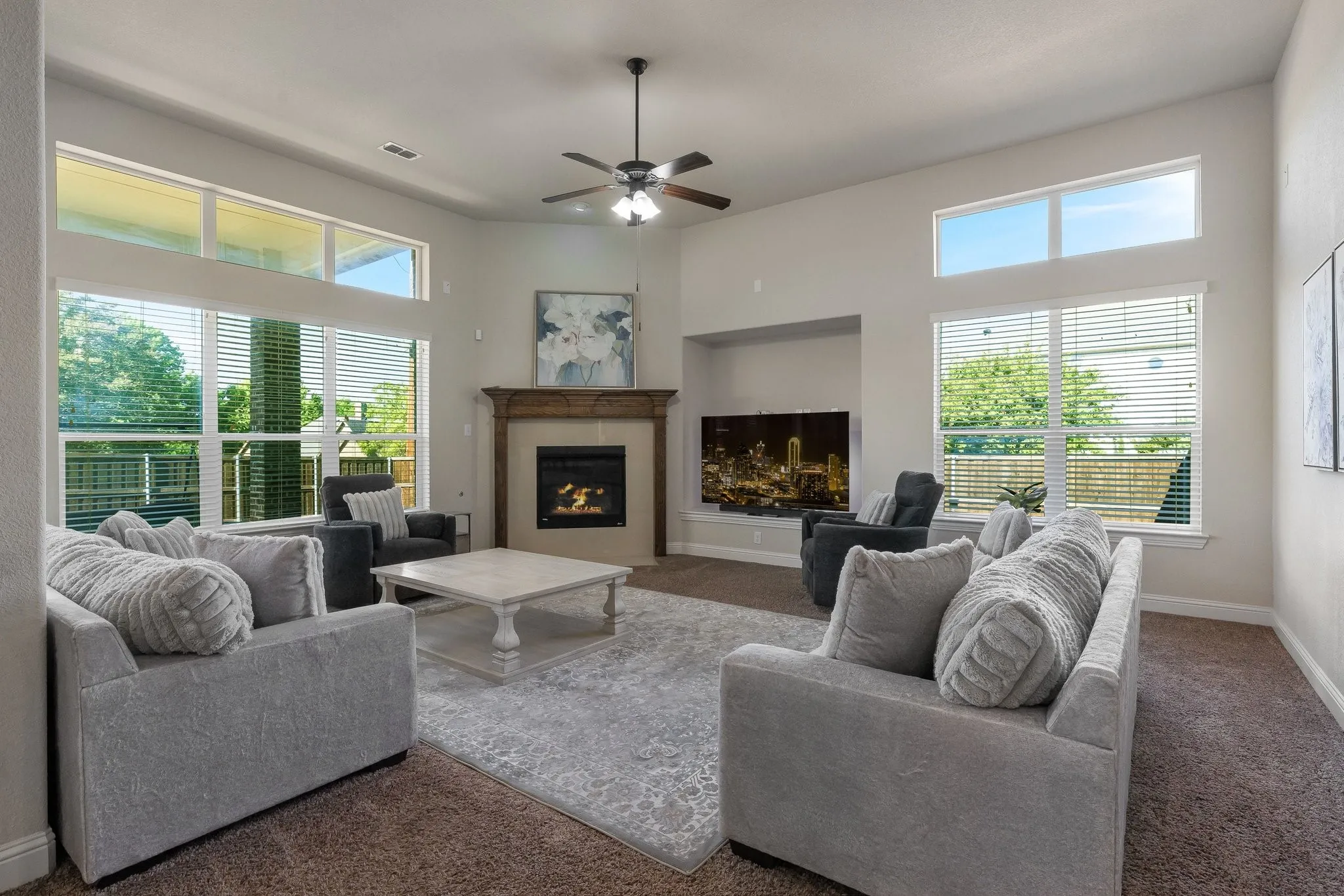 Spacious living with fireplace