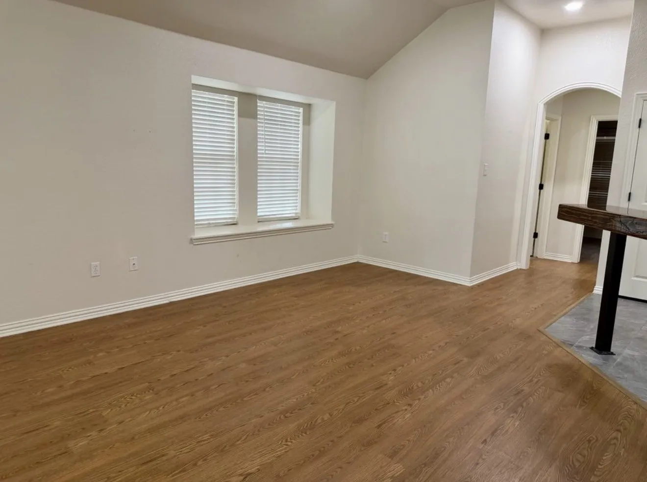 Vaulted ceiling, wood-finish flooring, two windows with blinds, arched doorway, and a built-in bar with a dark countertop