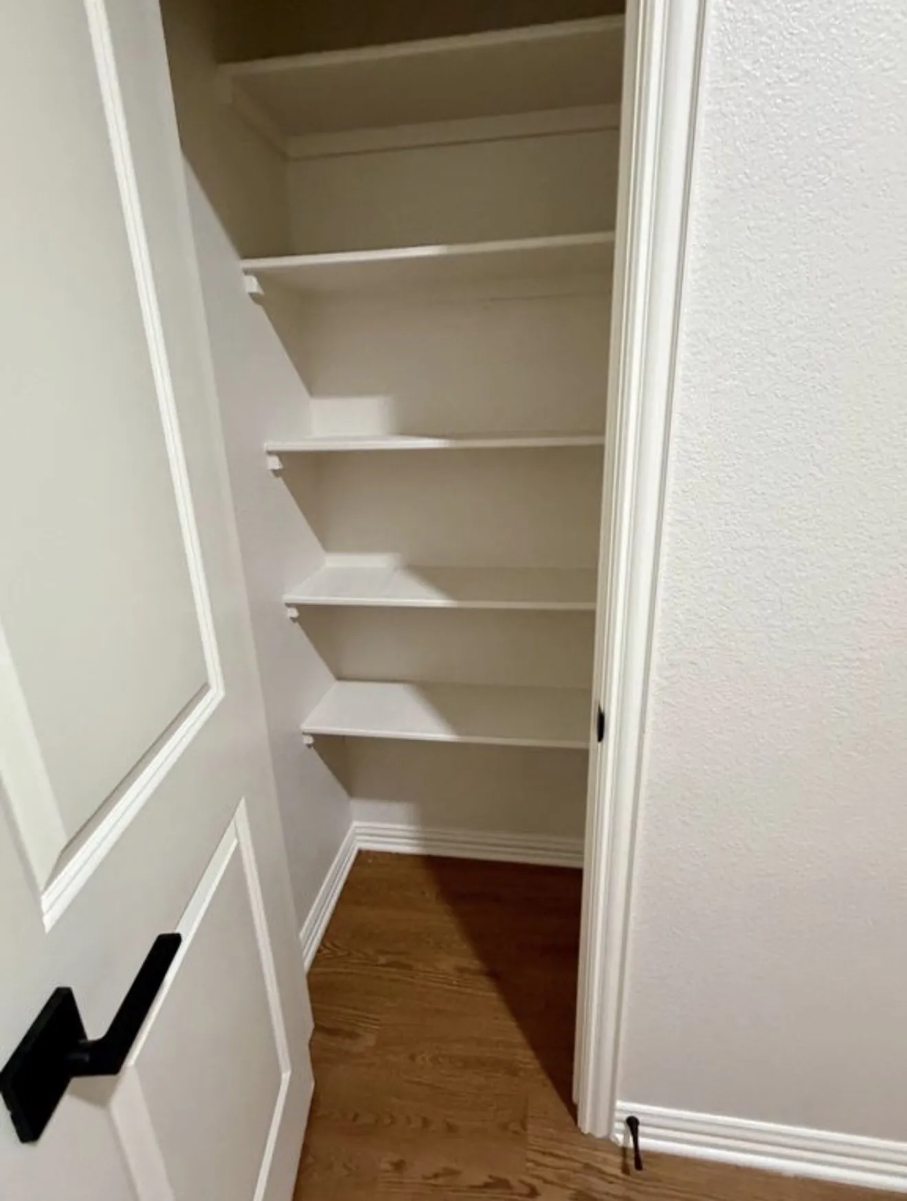 Built-in shelving unit with multiple shelves, wood-finish flooring, and crisp white trim