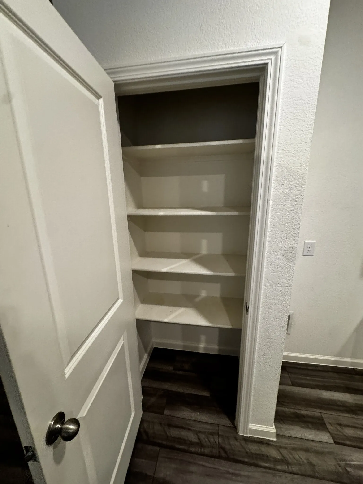 Recessed pantry with five fixed shelves and wood-finish flooring
