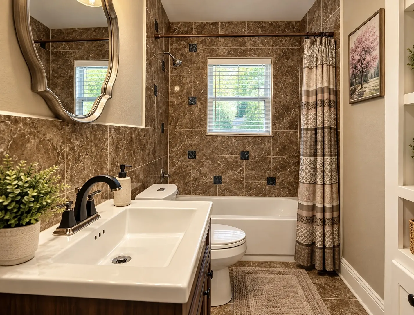 Integrated bathtub with shower, tiled surround, and window