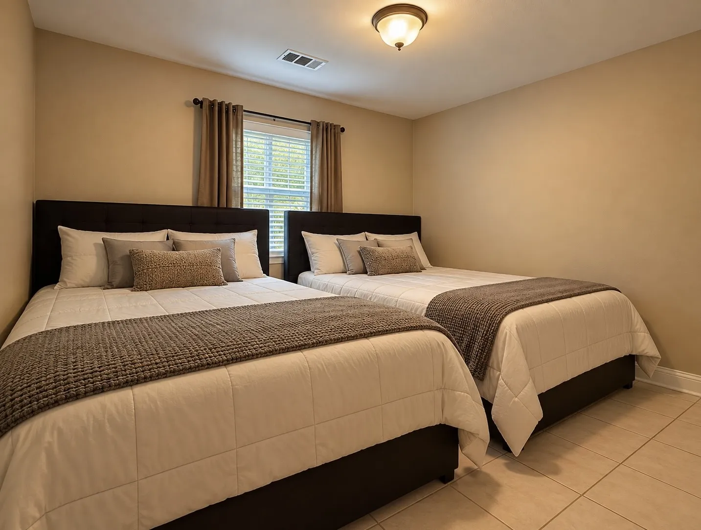 Recessed lighting, tile flooring, window with blinds, and neutral wall tones