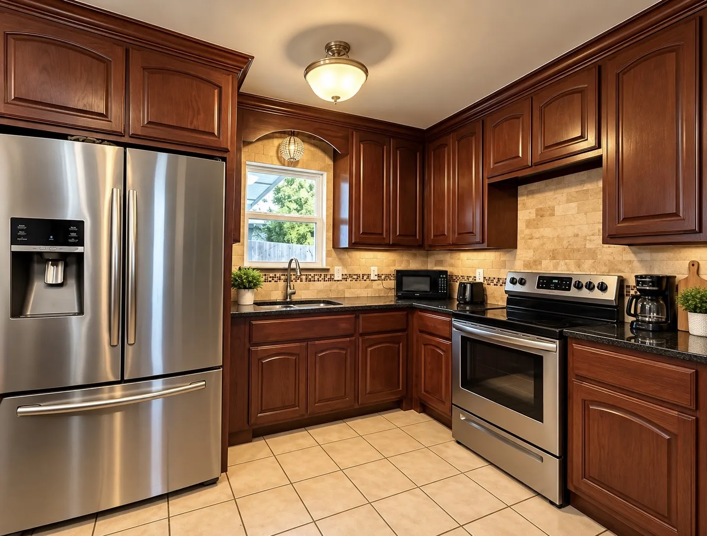 Rich wood cabinetry, stainless steel appliances, dark countertops, tiled flooring, and a decorative tile backsplash