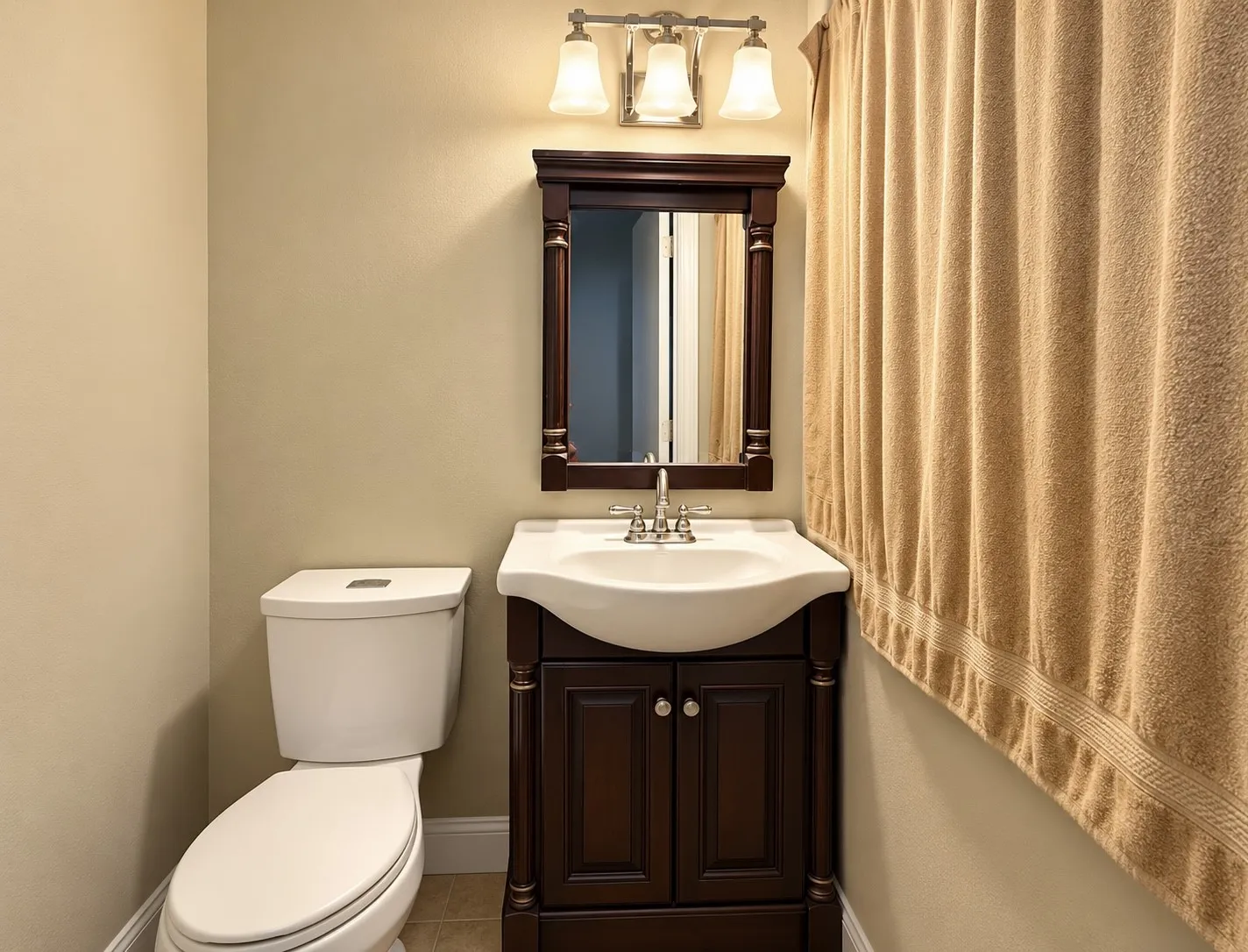 Dark wood-finish vanity with an integrated basin sink, a matching framed mirror, and a three-light vanity fixture