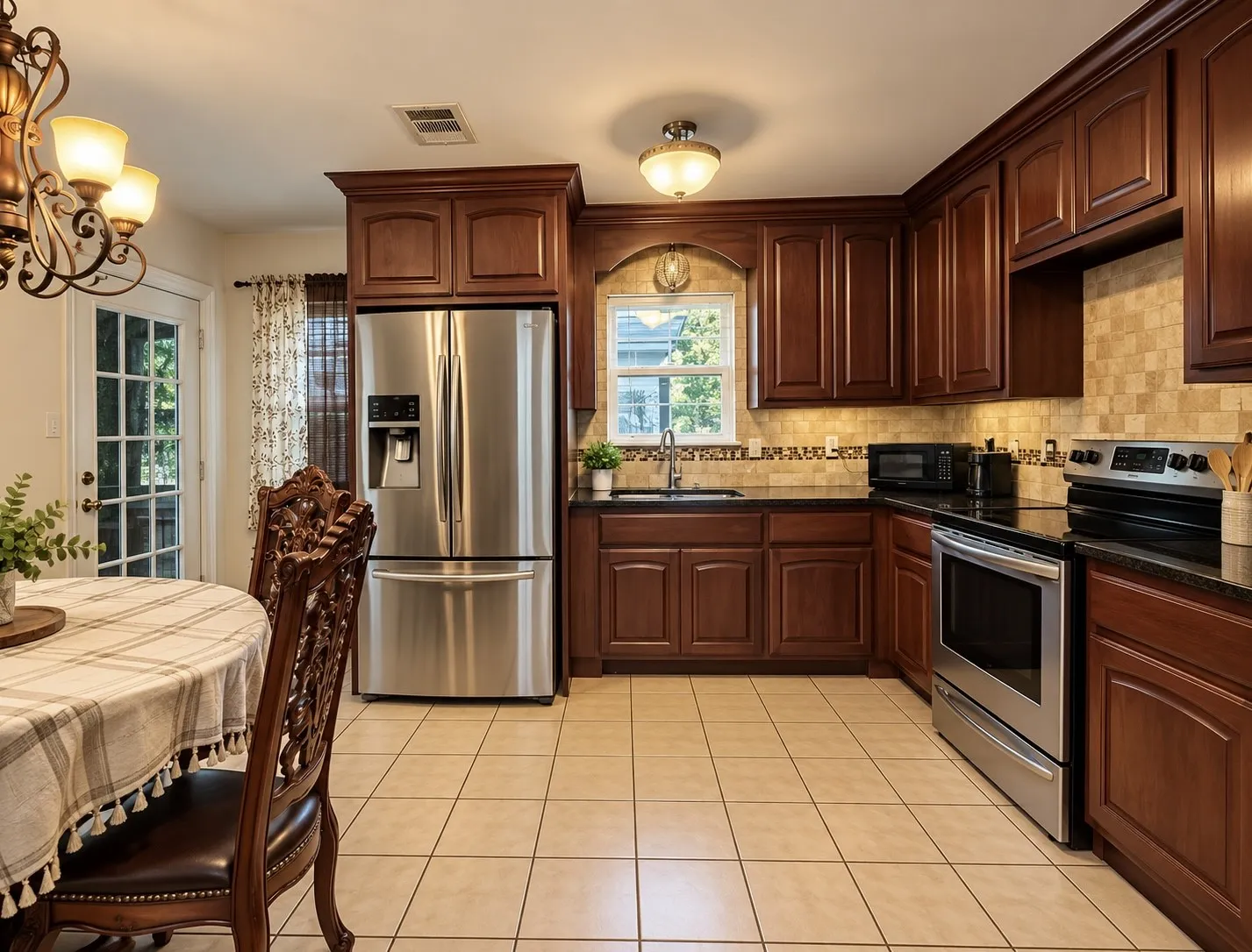 Kitchen featuring wood cabinetry, stainless steel appliances, dark countertops, a tiled backsplash, and tile flooring