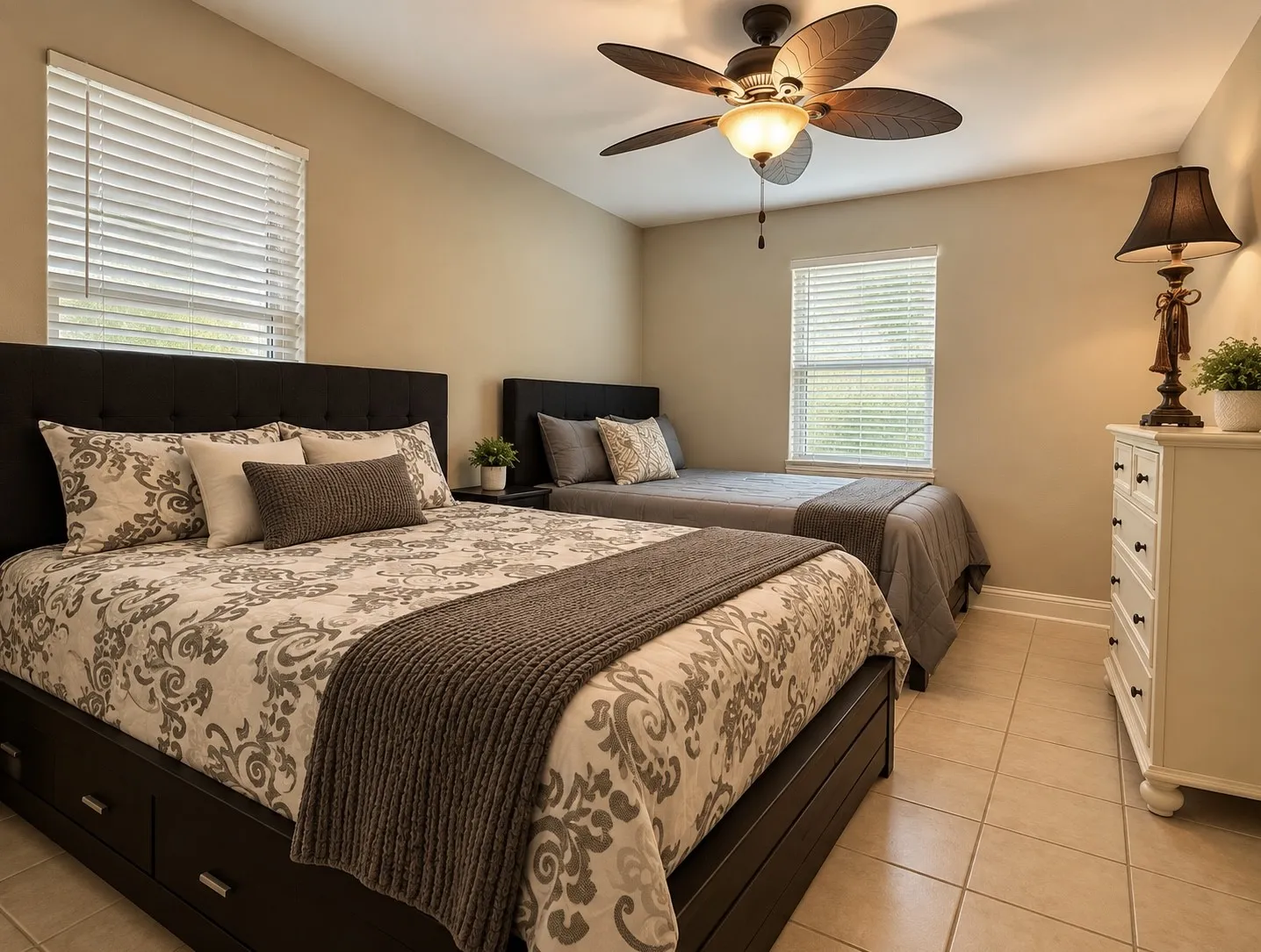 Recessed lighting, ceiling fan with integrated light, tiled flooring, windows with horizontal blinds, built-in storage drawers