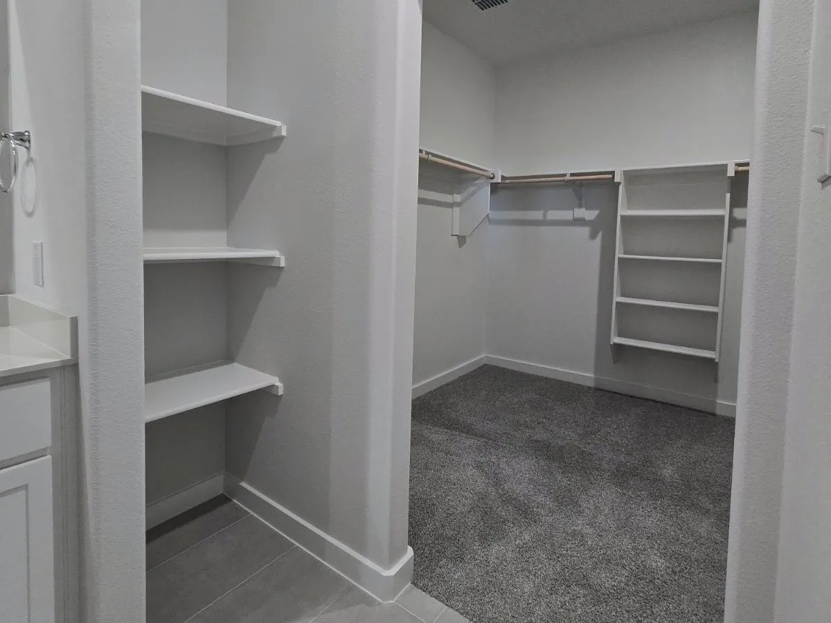 Walk-in closet with carpet flooring, built-in shelving, and clothes hanging rods