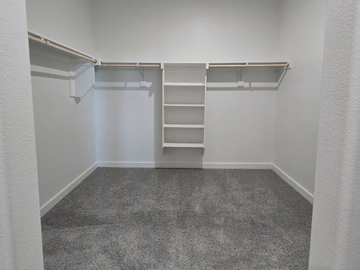 Walk-in closet featuring built-in shelving, dual hanging rods, and gray carpet flooring