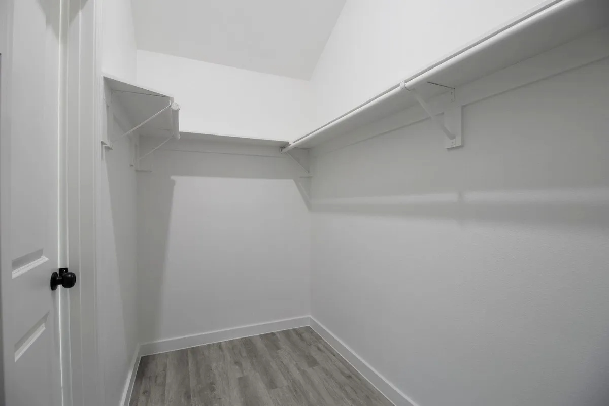 Walk-in closet with wood-finish flooring, white walls, built-in shelving, and a hanging rod