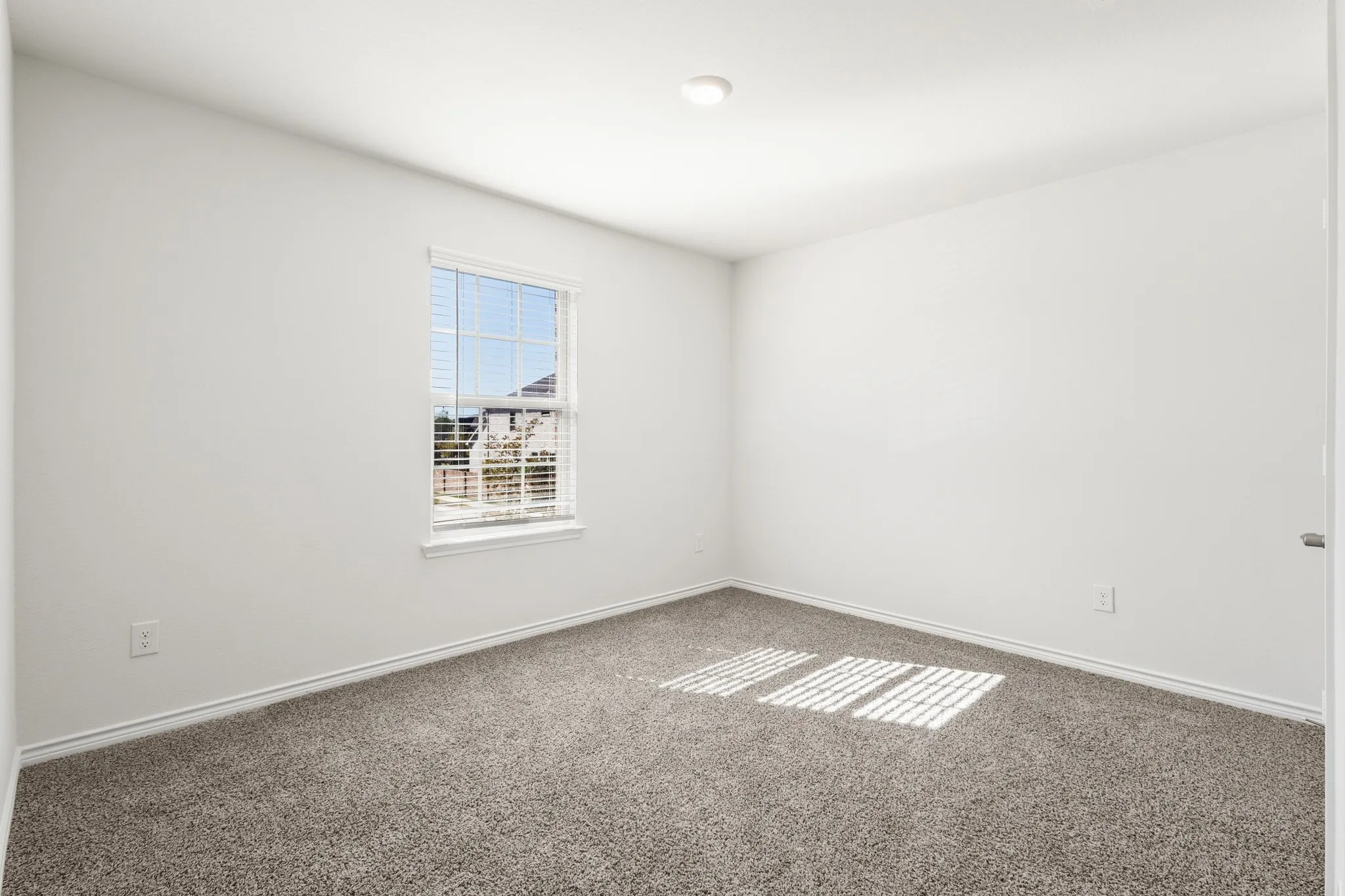 Recessed lighting, neutral wall paint, window with blinds, and carpeted flooring
