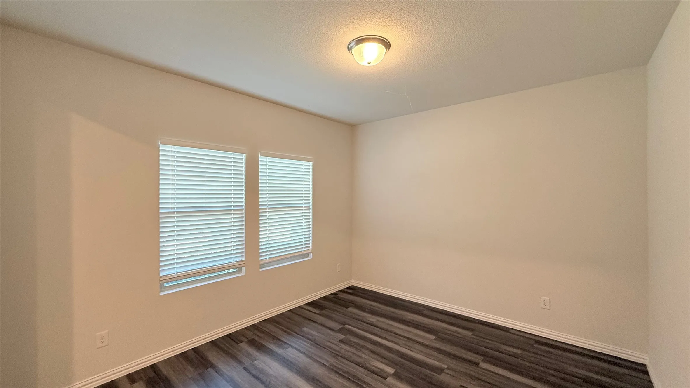 Wood-finish flooring, two windows with blinds, and flush mount lighting