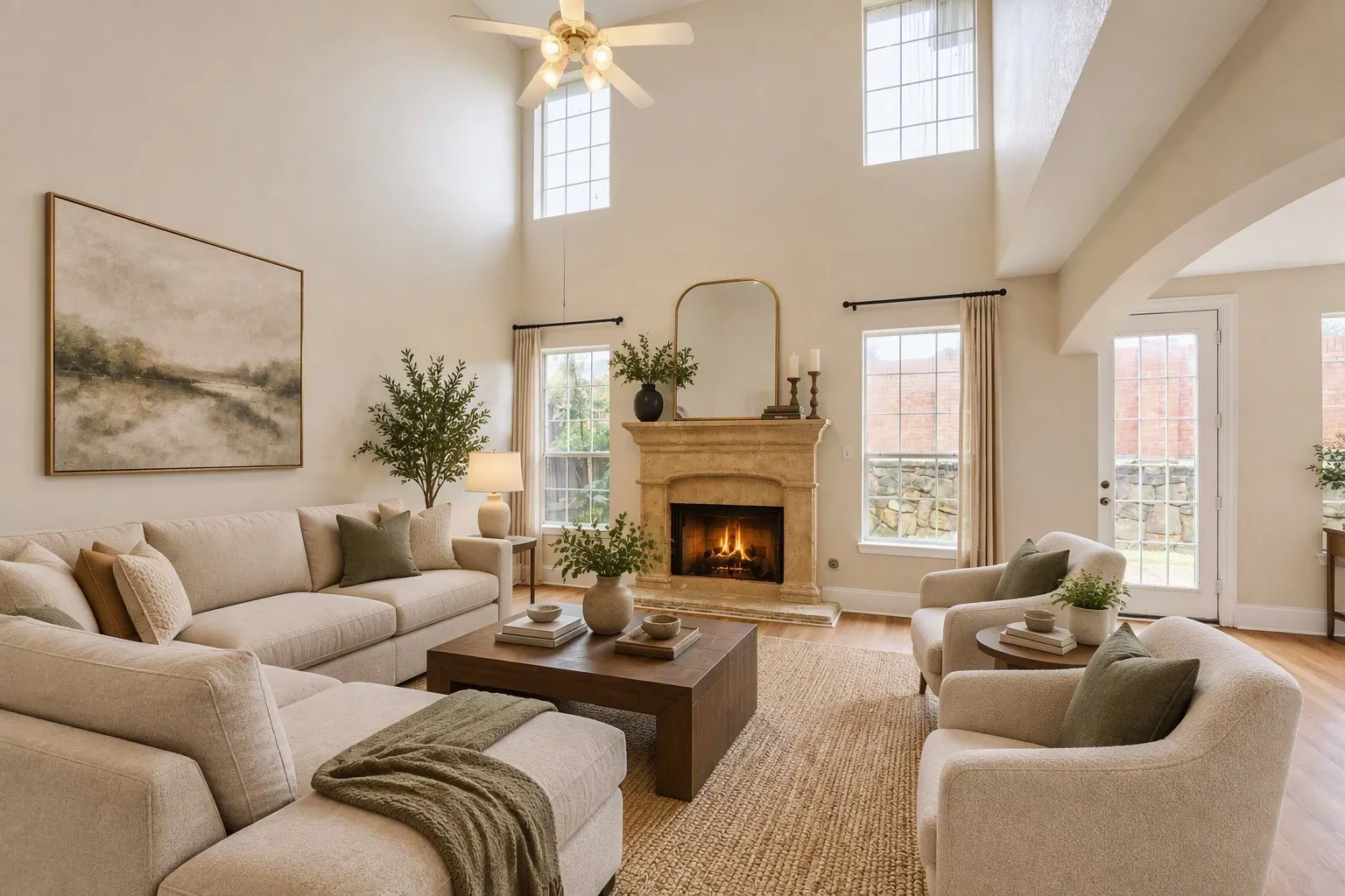 Vaulted ceiling, stone fireplace, hardwood flooring, ceiling fan, and French doors