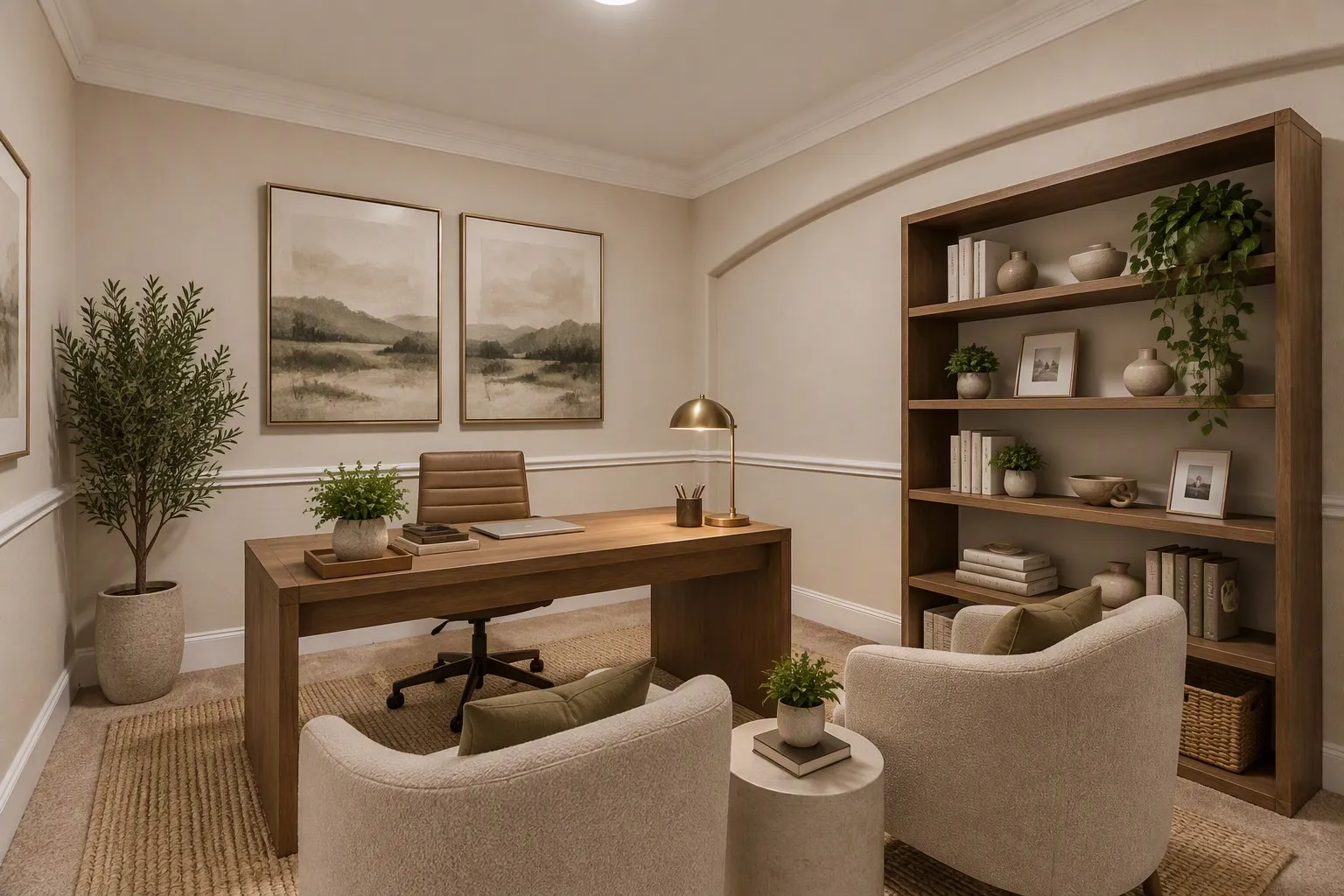 Recessed ceiling lighting illuminates a room featuring crown molding, wainscoting, and a built-in wood-finish shelving unit