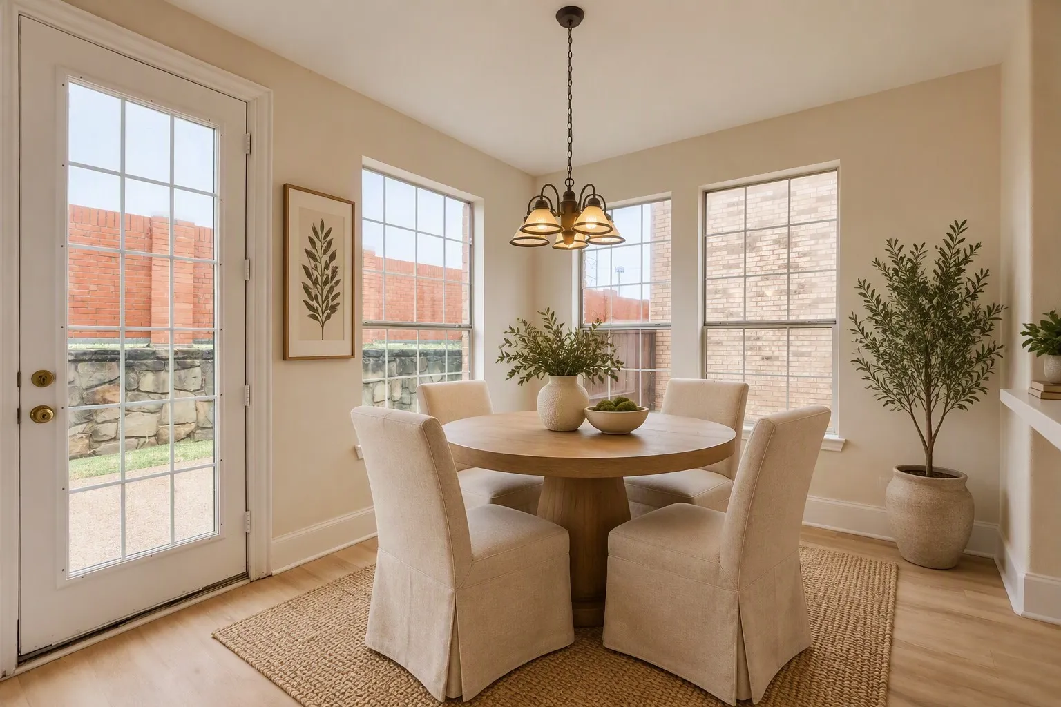 Light wood-finish flooring with a grid-paned door and multiple grid-paned windows