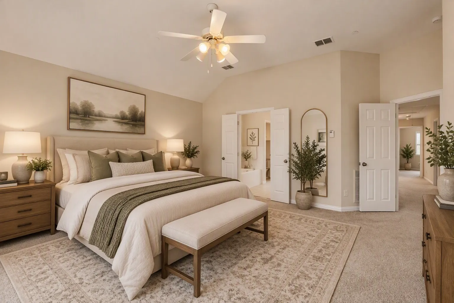Vaulted ceiling with a ceiling fan, carpeted flooring, and light-toned walls