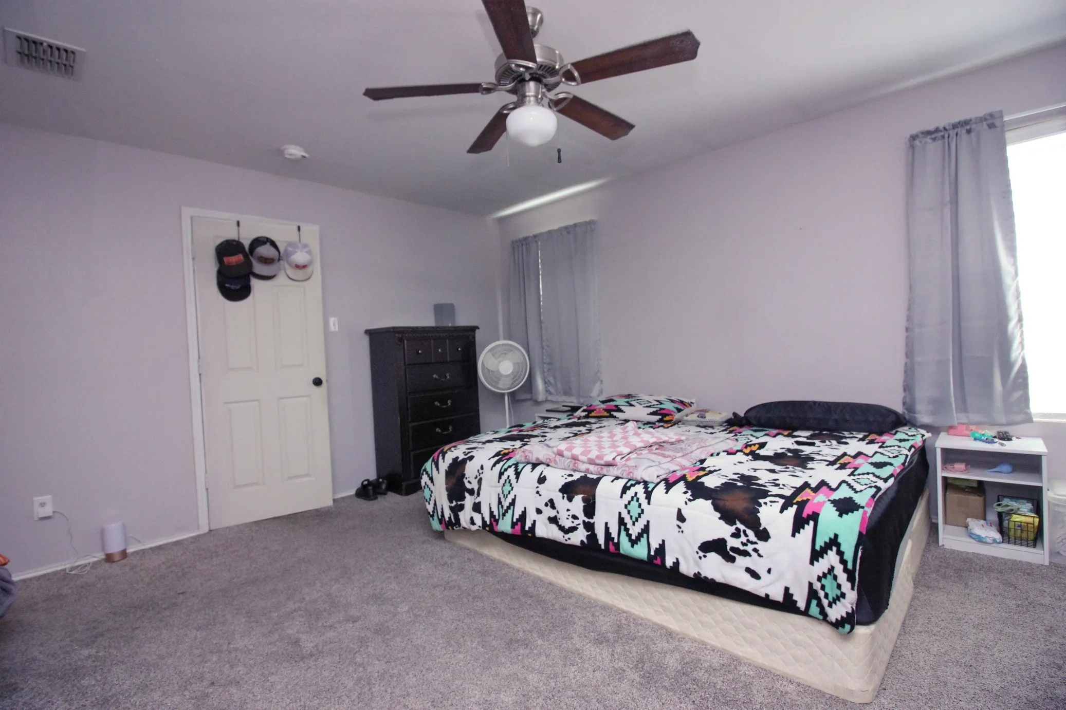 Carpeted room featuring a ceiling fan, white paneled door, and windows with curtain rods