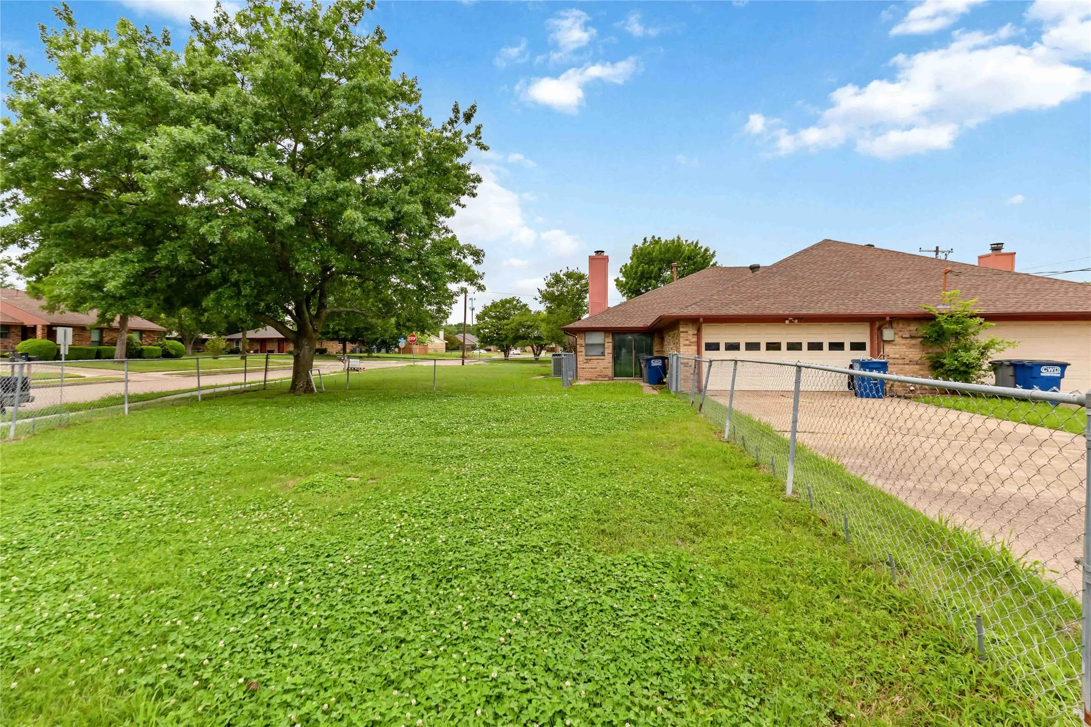 Expansive green lawn featuring a mature tree and chain link fencing