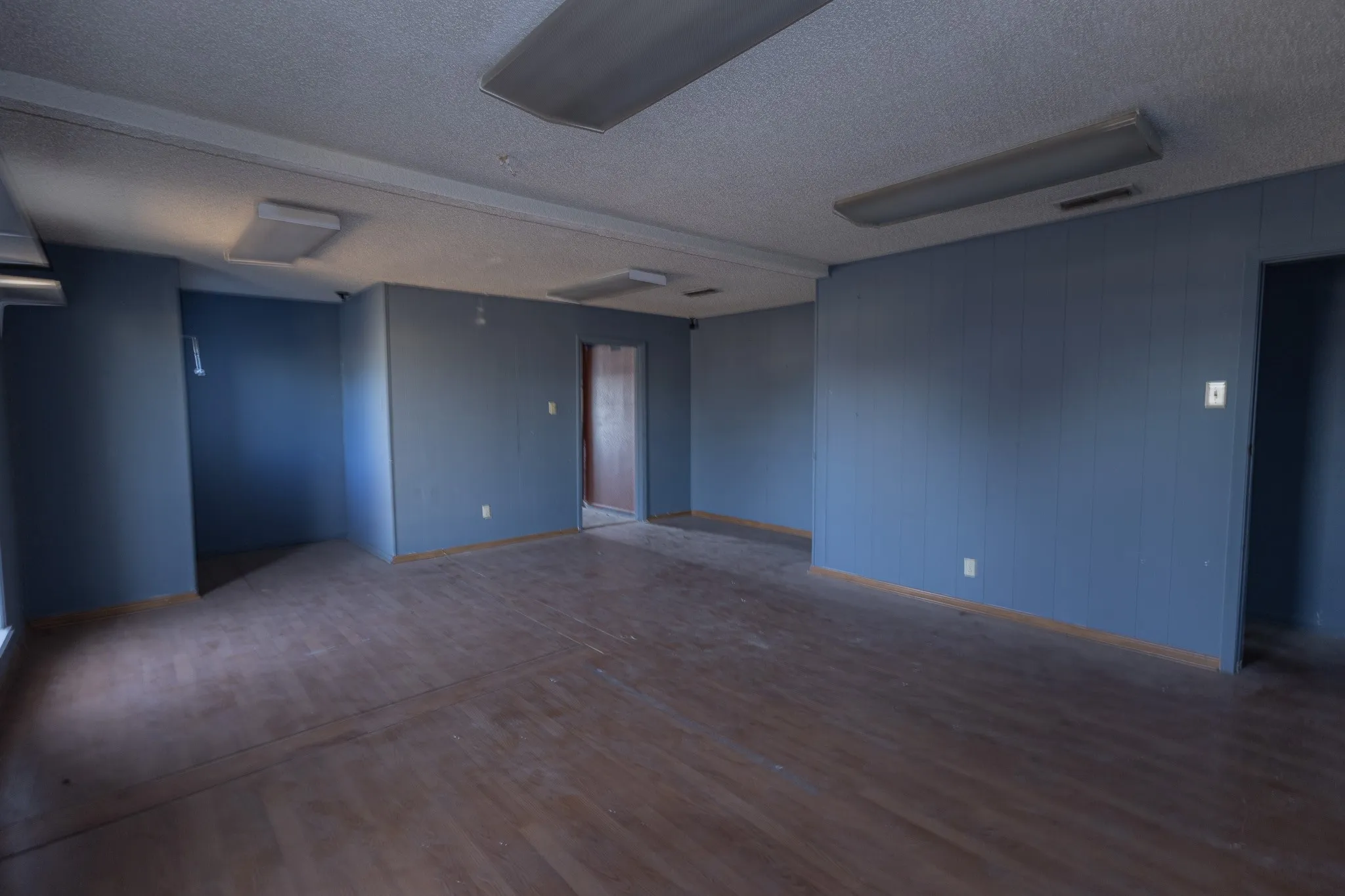 Expansive room featuring wood-finish flooring, blue paneled walls, and fluorescent ceiling lighting