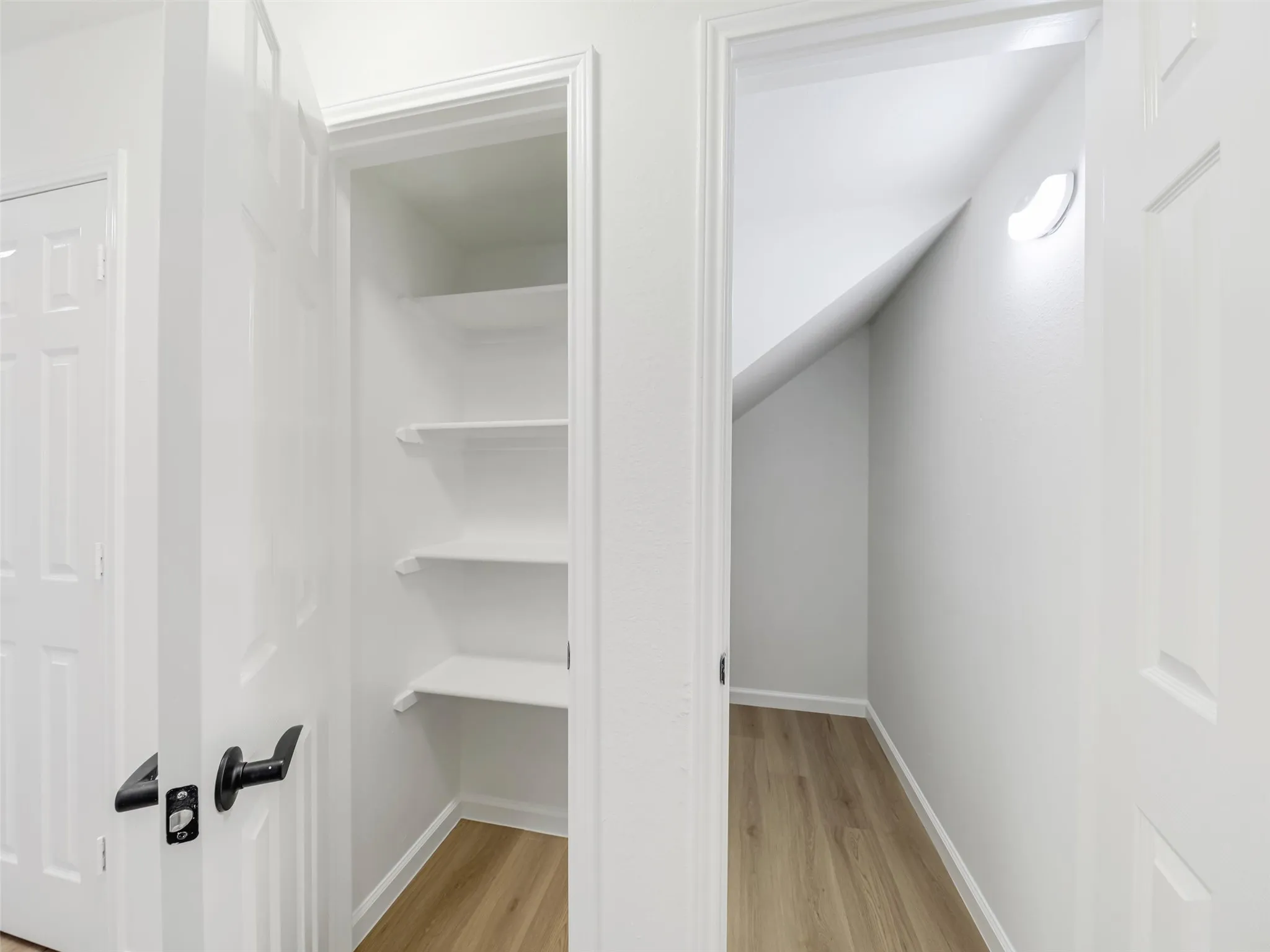 Built-in shelving, wood-finish flooring, interior lighting, and white paneled doors