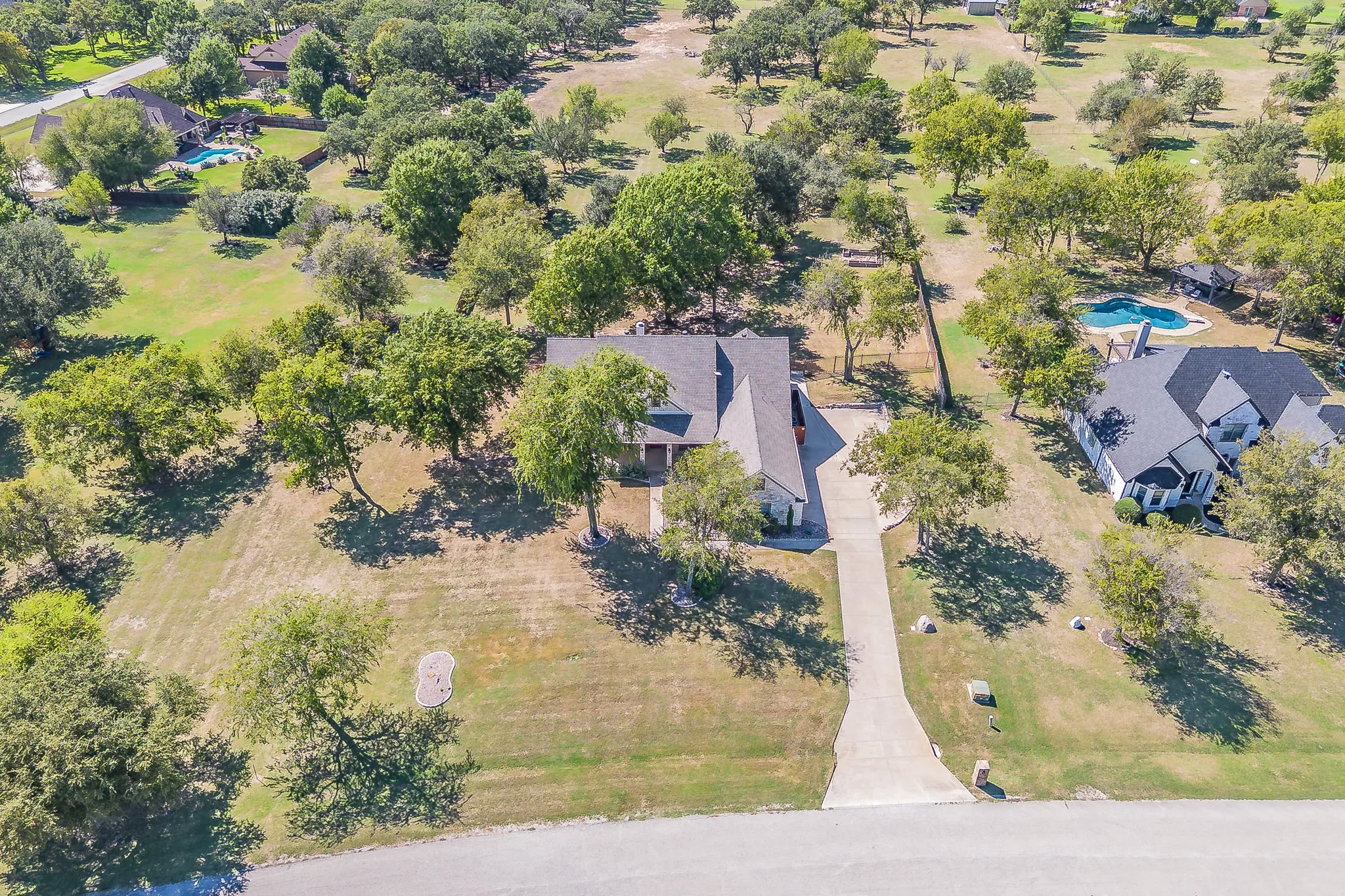 Expansive property with mature trees, a private driveway, and a gabled roofline