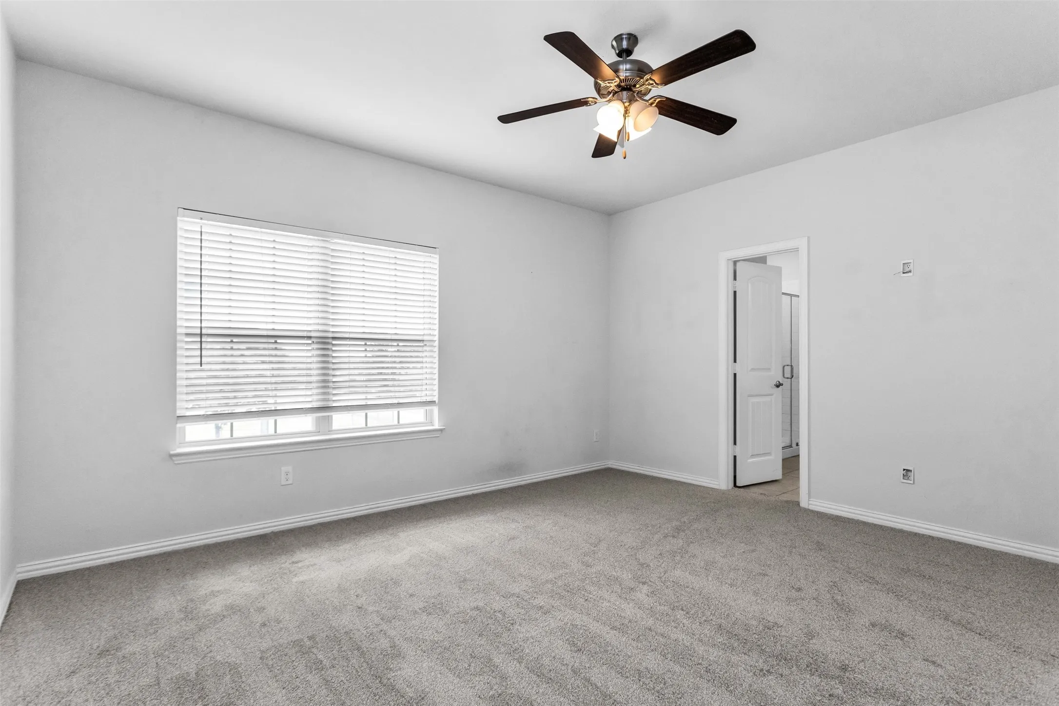 Wall-to-wall carpeting, window with horizontal blinds, ceiling fan with integrated lighting, and a white paneled door