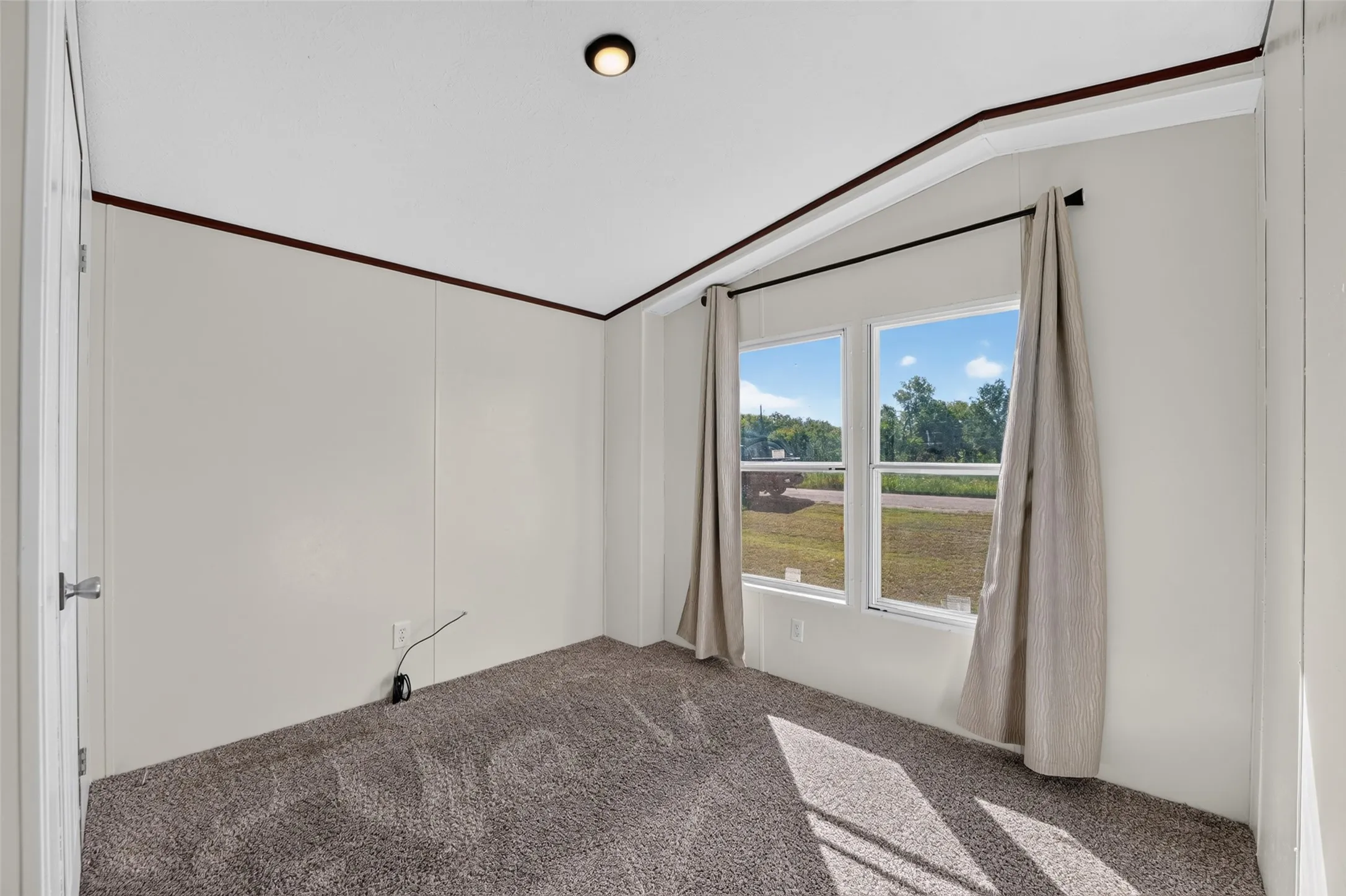 Plush carpeting, neutral wall paneling, and a dual-pane window