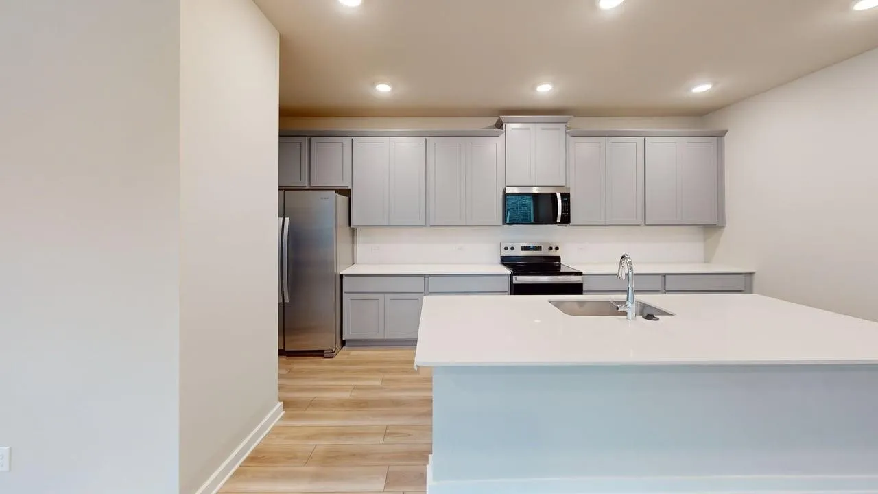 Kitchen featuring light gray cabinetry, white countertops, stainless steel appliances, and wood-finish flooring