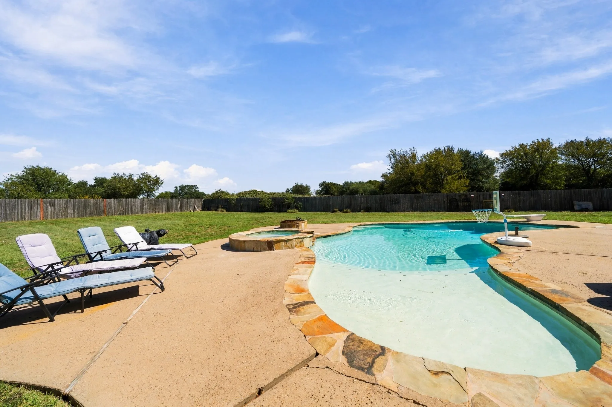 Freeform swimming pool with integrated spa and stone coping