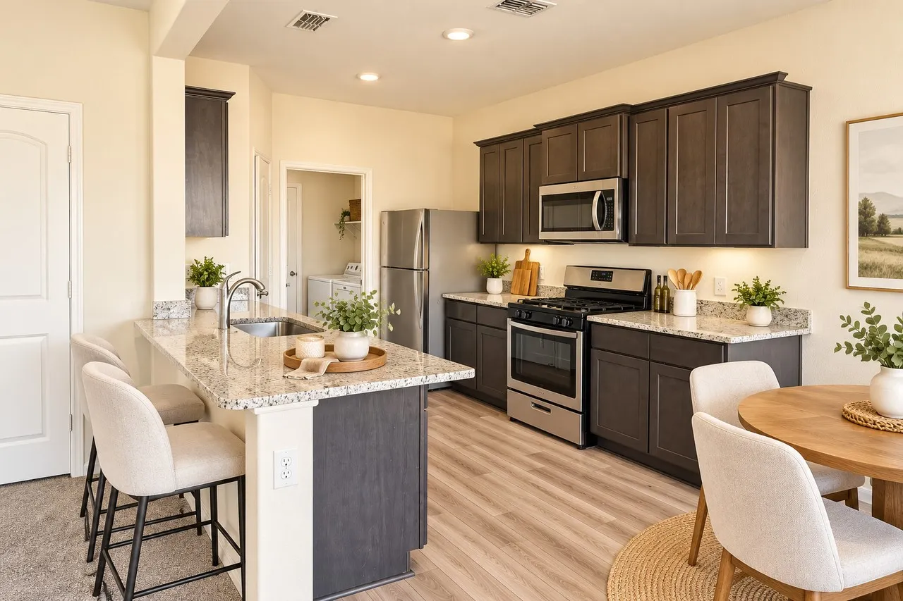 Kitchen featuring stainless steel appliances, dark wood-finish cabinetry, light-toned countertops, and wood-finish flooring