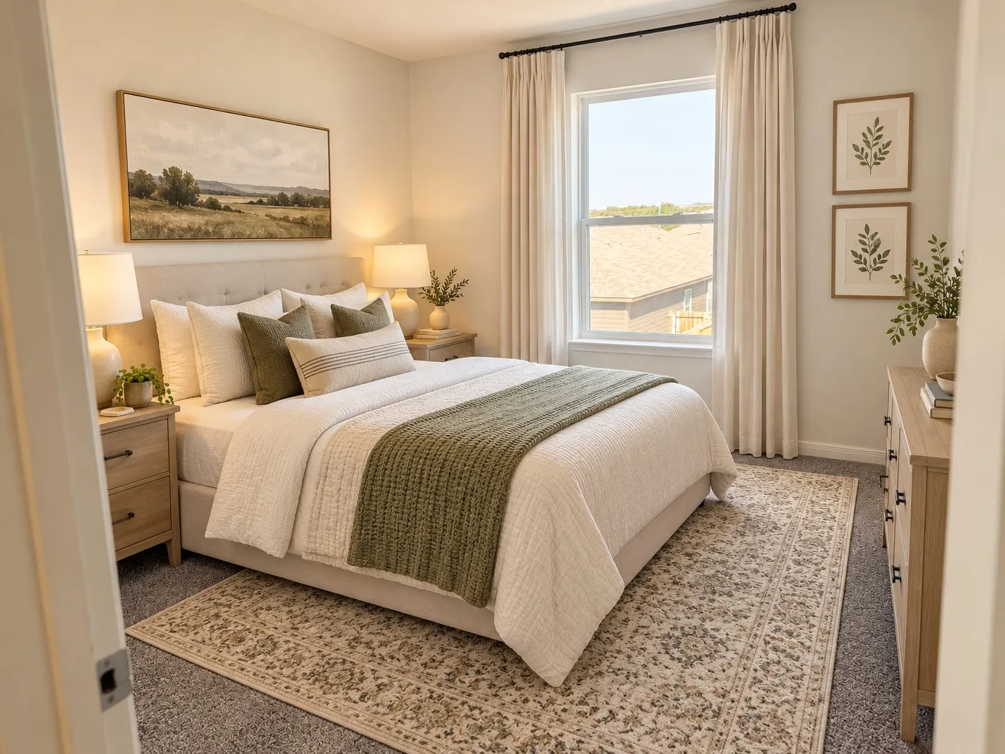 Carpeted room featuring a large window with drapes, a tufted headboard, and wood-finish nightstands