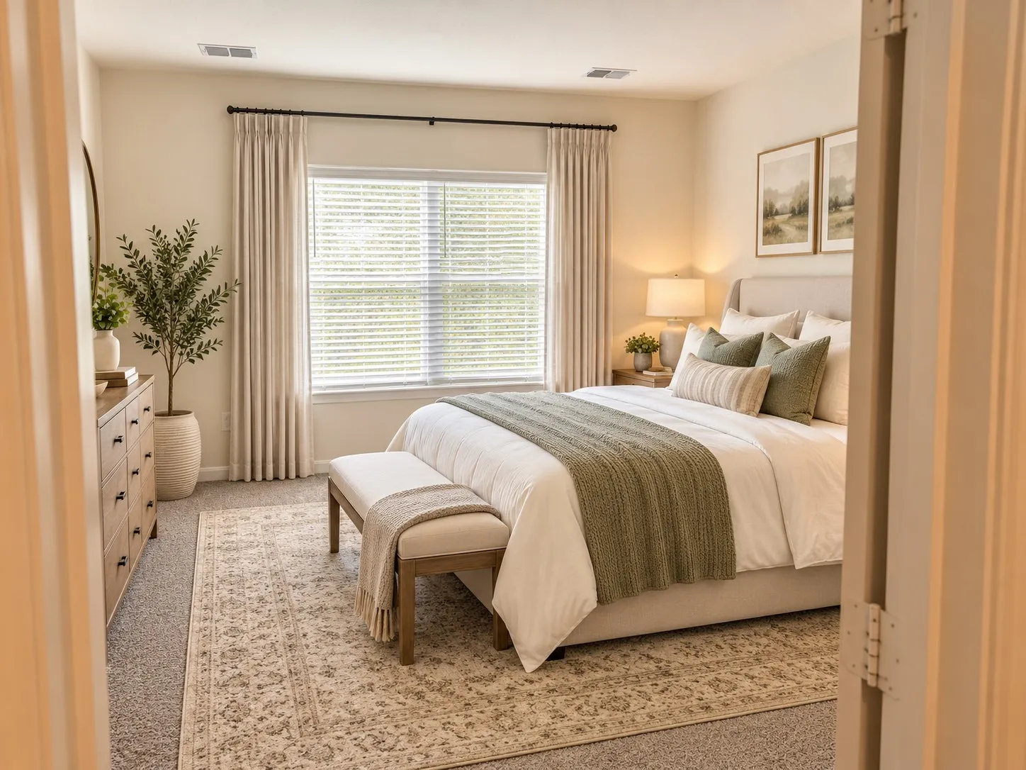 Carpeted bedroom featuring a large window with blinds, a fabric upholstered headboard, and recessed lighting