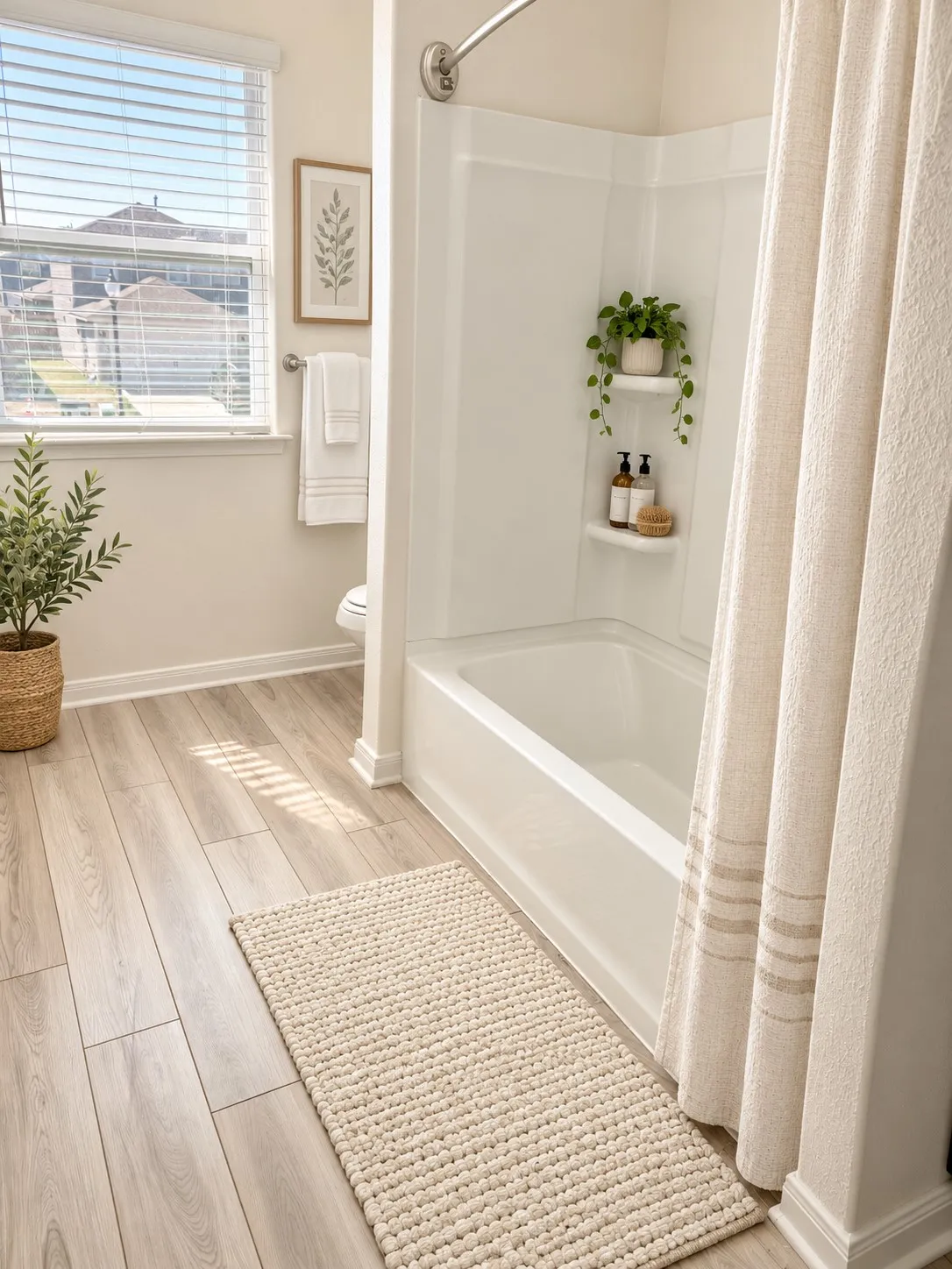 Bathroom featuring wood-finish flooring, a window with blinds, a white bathtub with a shower, and integrated shower shelving