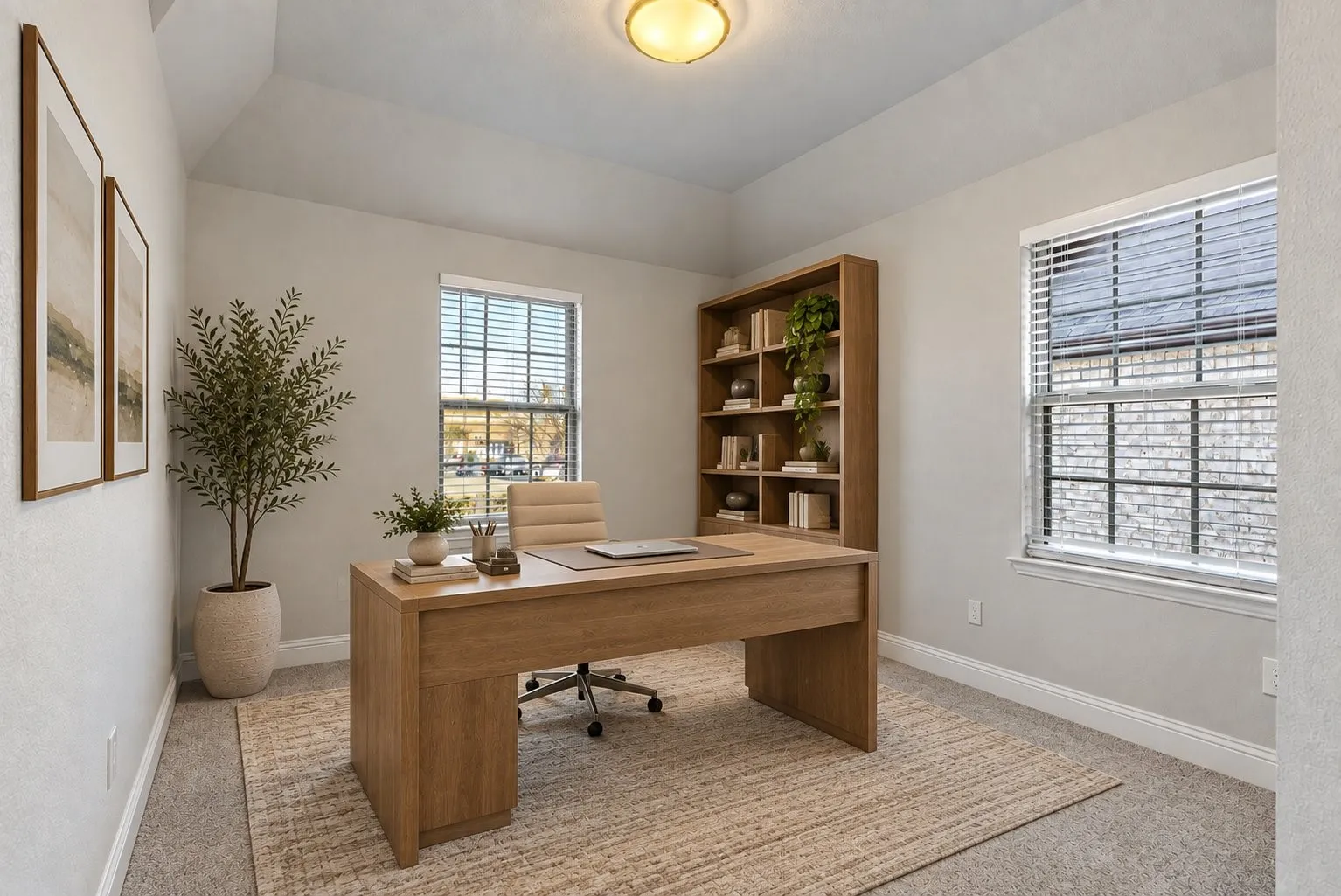 Vaulted ceiling, recessed lighting, double windows with blinds, built-in shelving, and carpeting