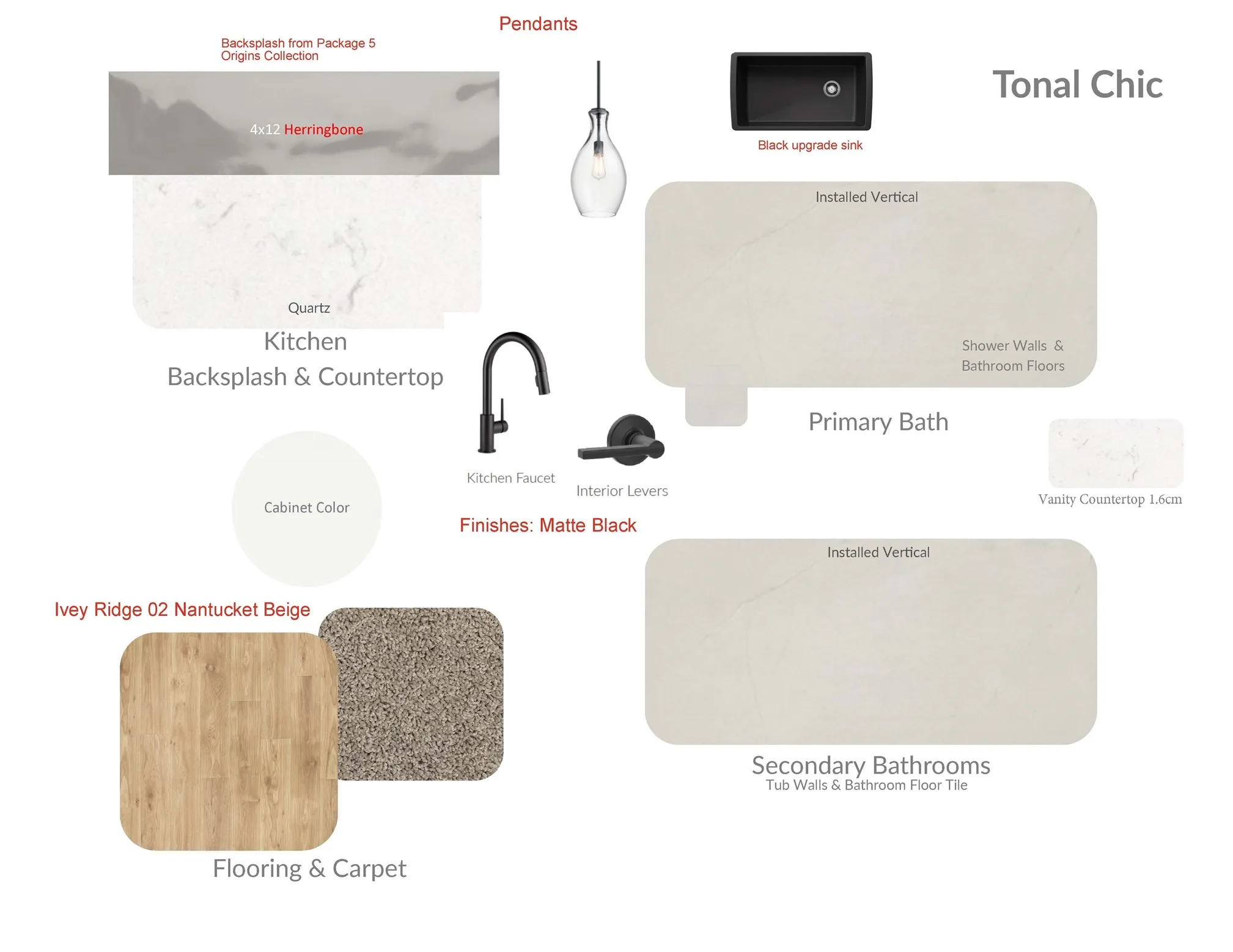 Design Board. Illustrating material and finish selections for various areas of the property