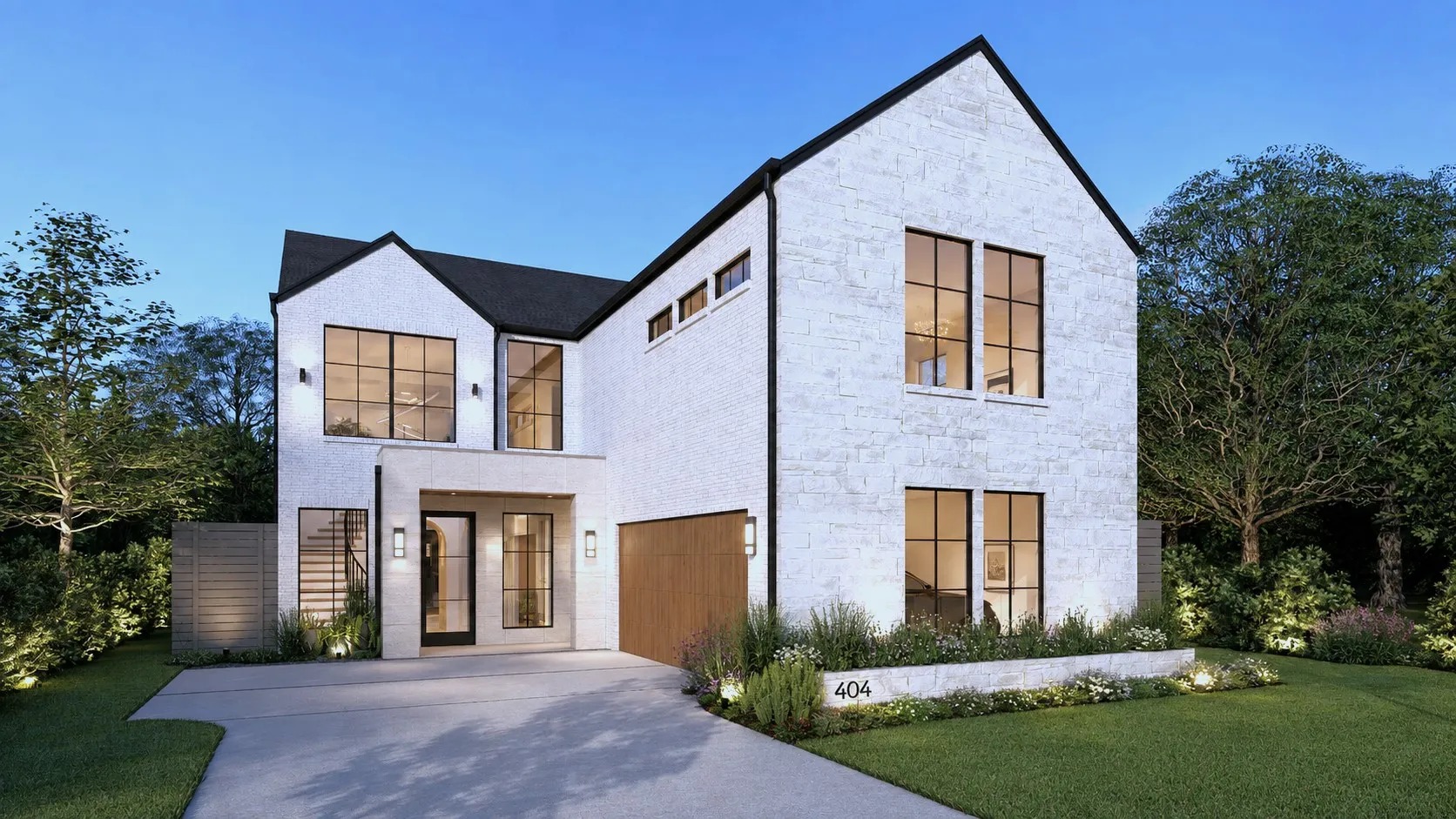 White brick exterior with black framed windows, prominent gables, and a wood-finish garage door