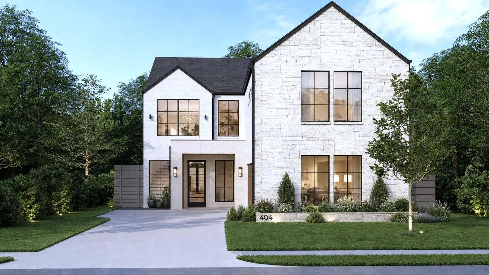 Contemporary residence featuring a white stone facade, black-framed windows, a covered entry with sconces, an integrated garage, and a manicured lawn