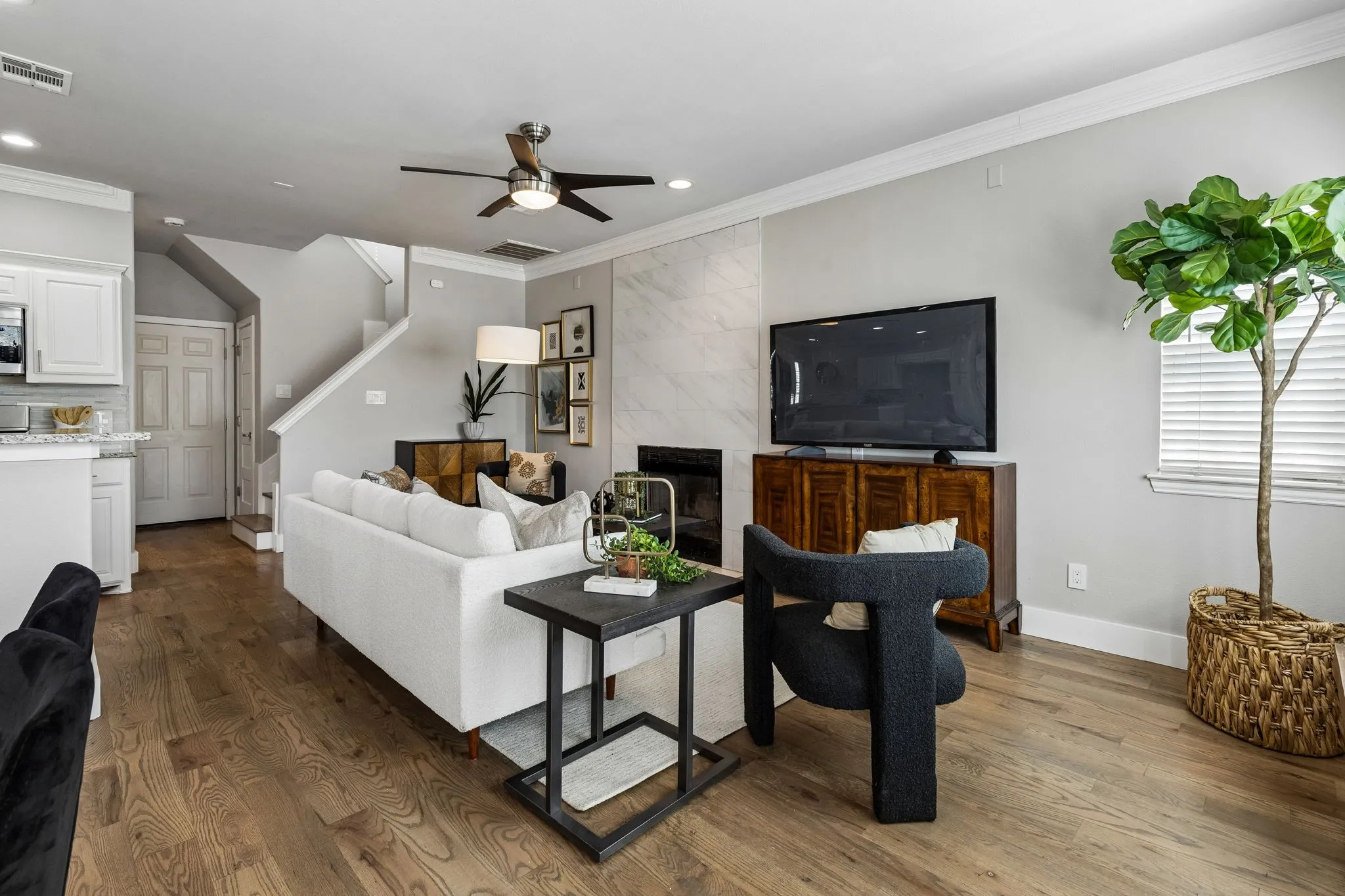 Living area with remodeled fireplace