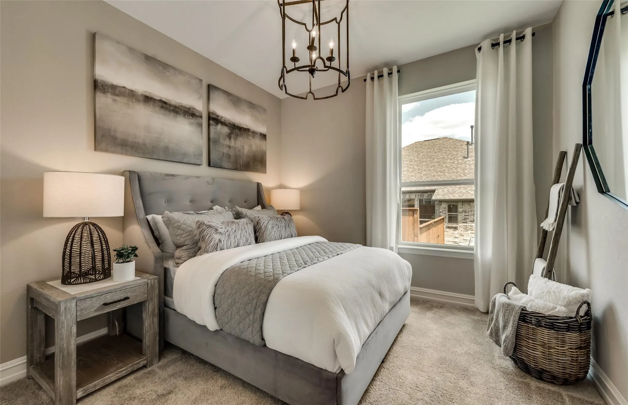 Recessed lighting, plush carpet flooring, and a multi-pane window